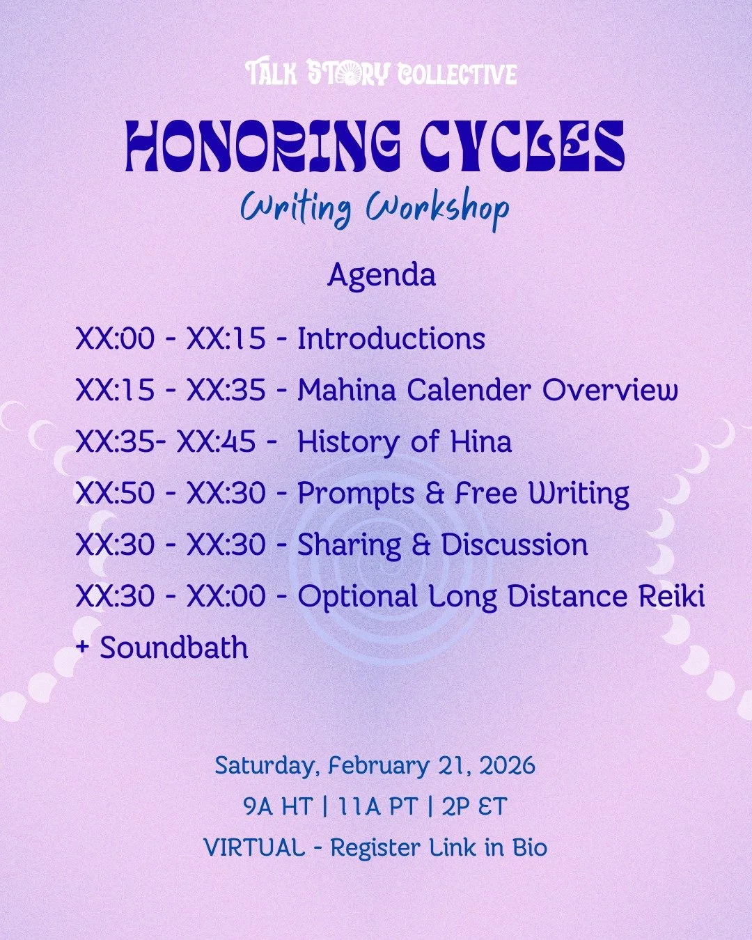 Our workshop is just days away! Here's what to expect during our time! 

Our ambassador from Hui Mauli Ola will share 'ike on their Ke Ala O Ka Mahina Calendars. Then we'll go into sharing history and mo'olelo of Hina that inspired our prompts for th