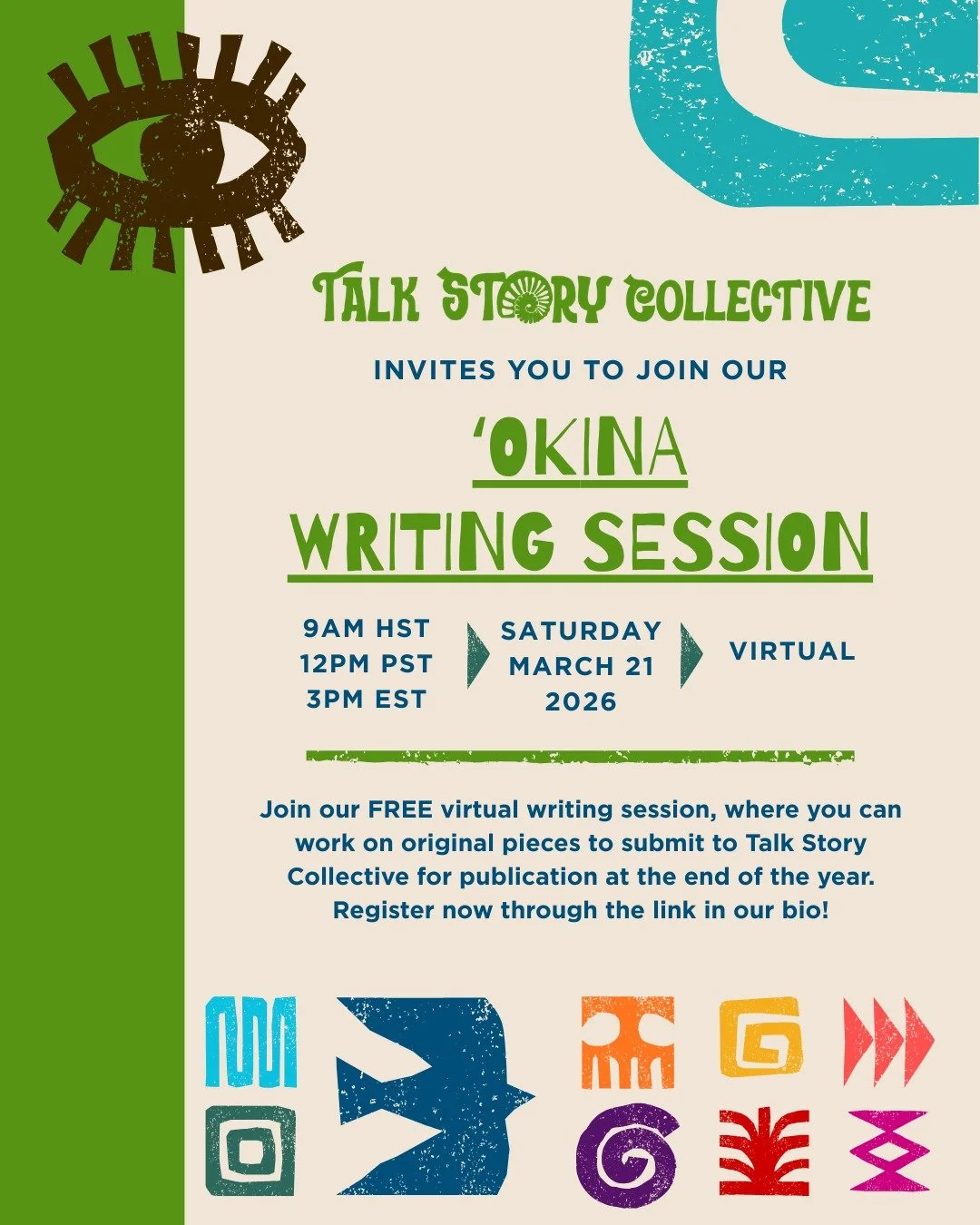 Switching things up a bit for the month of March! The ʻokina represents a glottal stop, a pause in speech. This month we are taking a PAUSE in programming to have a writing session with the goal of having folks submit new original works to be publish