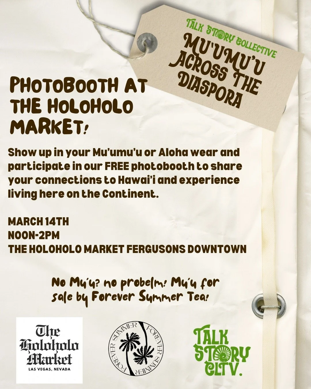 HUUUUUIIII! So excited for this! Come by at The HoloHolo Market on March 14th and come talk story in your Mu'u or Aloha wear and share with us your experience being away from Hawai'i or your connections to the islands! 

We hope to compile all these 