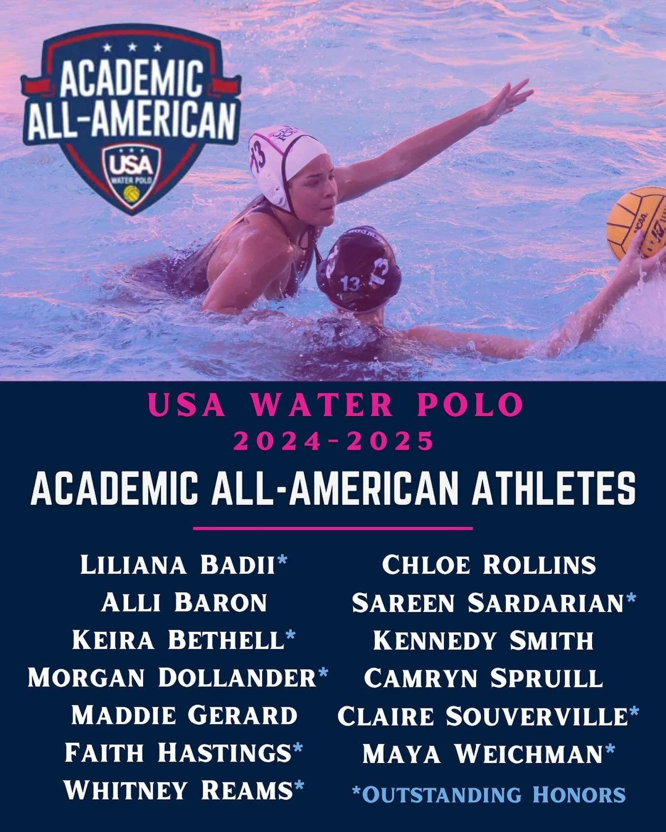 Another great day for CDM Girls Water Polo as 13 of our Sea Queens were recognized by USA Water Polo as Academic All-Americans for the 2024-2025 high school year. 

An Academic All-American is a student-athlete who earned a cumulative, unweighted GPA