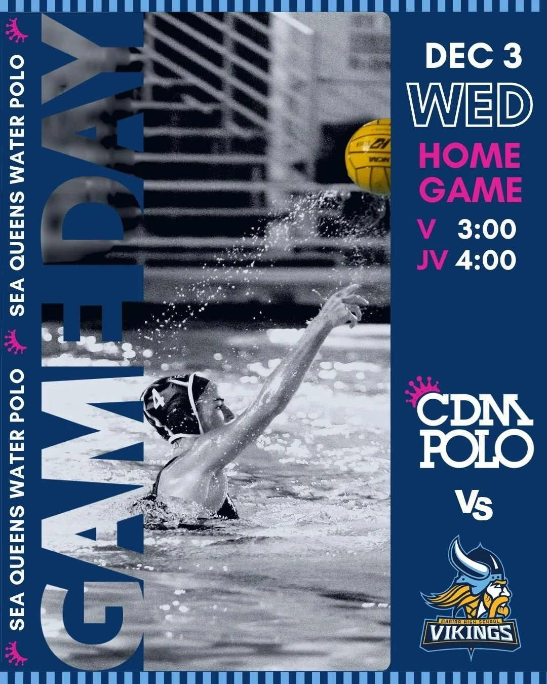 This week CDM welcomes the Marina Vikings for a match at home. Come out to cheer on the Sea Queens  in their first Sunset League game of the season!

🗓️Wednesday, December 3
⏰ 3:00 V, 4:00 JV
📍 CDM Pool