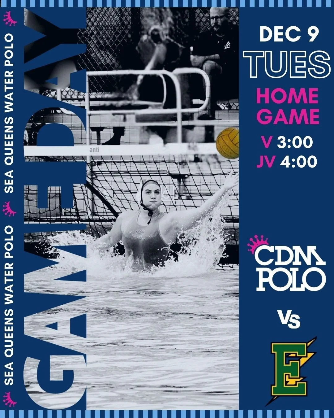 League play rolls on. Come pack the stands Tuesday as the Sea Queens take on the Edison Chargers for this @cdmkingskrew event! 

🗓 Tuesday, December 9
⏰ 3:00 V, 4:00 JV
📍CDM Pool