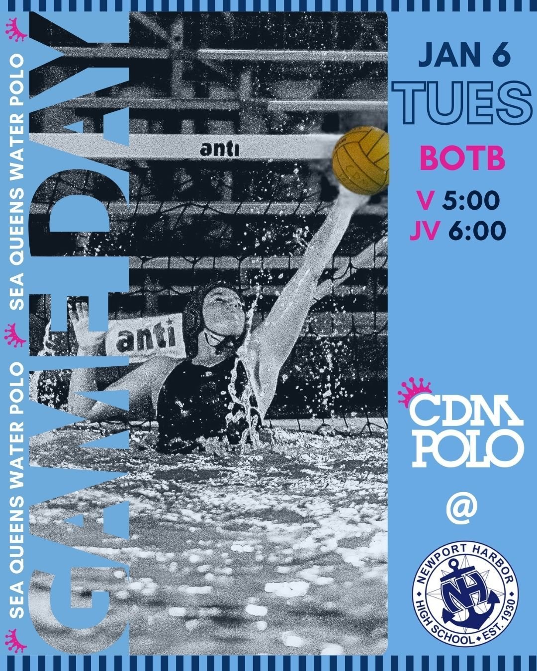 Back into the swing of things after winter break and the Sea Queens launch straight into BOTB! 

Come cheer on the squad as they face off against cross-town host NHHS, featuring their sparkly new pool facility!

We know it can be a bit of a pain to t