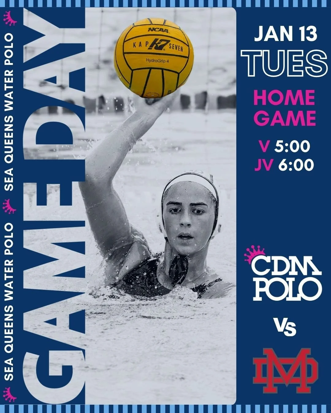 Tomorrow the Mater Dei Monarchs head over to CDM to face off against your hometown squad. Only two more opportunities to cheer for your Sea Queens at our home pool this season so come down and pack the stands!

🗓 Tuesday, January 13
⏰ 5:00 V, 6:00 J