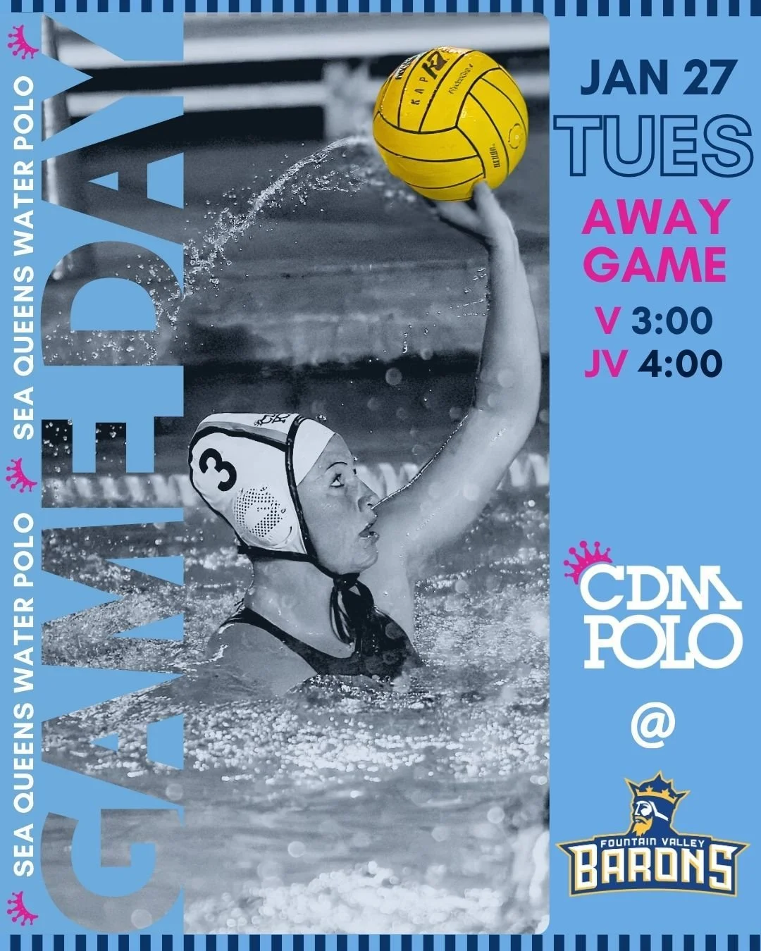 And in the blink of an eye, our final Sunset League game is here. The Sea Queens will be playing the Fountain Valley Barons to close out our official season before heading into playoffs. 

🗓️ Tuesday, January 27
⏰ 3 PM Varsity, 4 PM JV
📍 FVHS (1781