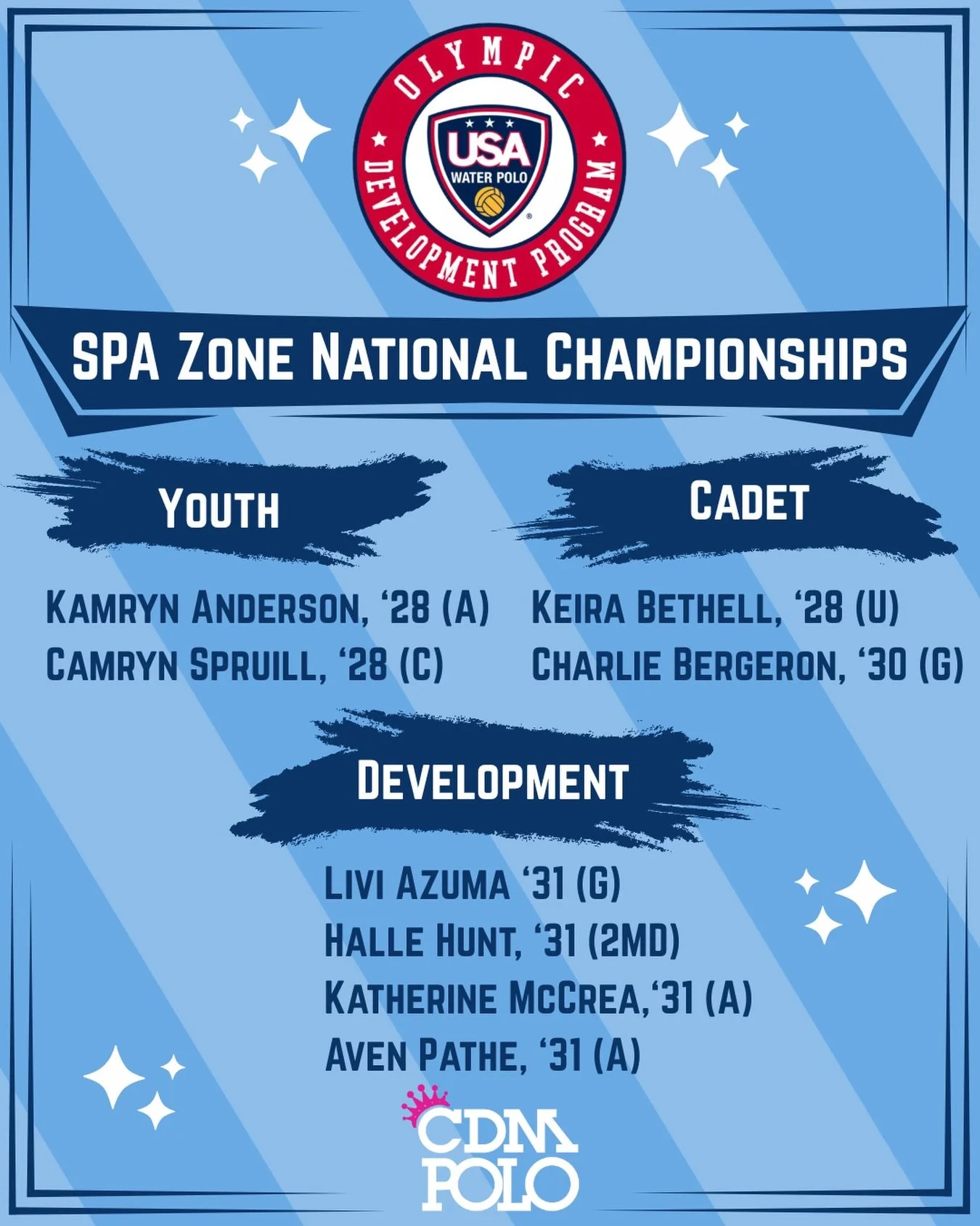 A big congratulations to our CDM Sea Queens selected to compete in the 2026 USA Water Polo ODP National Championships. 

Youth Division
💙 Kamryn Anderson (A), '28 SPA Blue 
💙  Camryn Spruill (C), '28 SPA Blue 

Cadet Division
🩷 Keira Bethell (U), 
