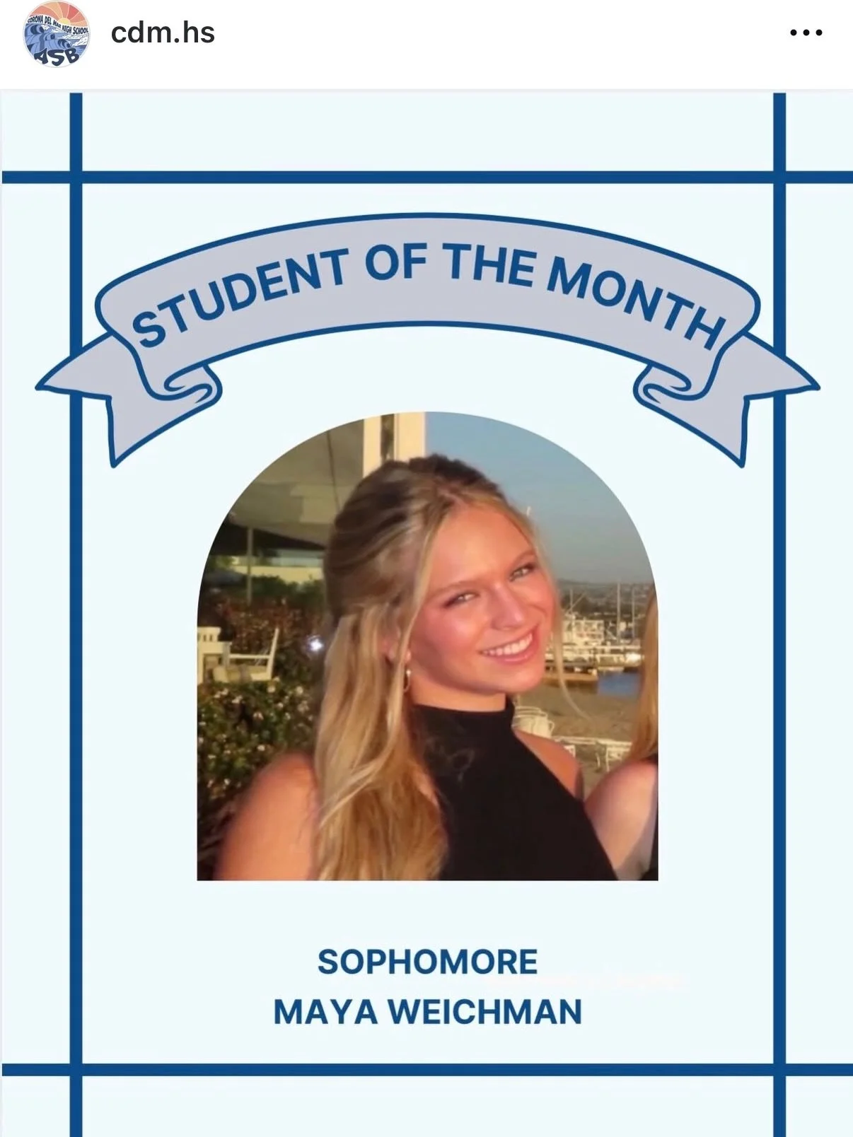 Our very own Sea Queen @maya.weichman was just named Student of the Month by @cdm.hs and we are all about it! We are super proud of this awesome recognition of our teammate and friend - congrats Maya! 💙👑🩷