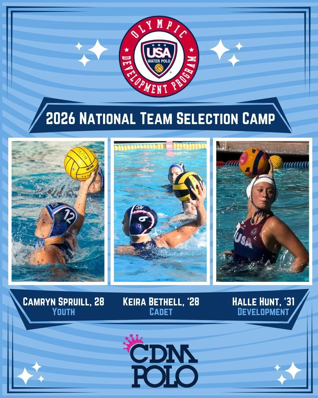 Congrats to these Sea Queens chosen to participate in the 2026 National Team Selection Camp for @USAWP Olympic Development Program. Well done, girls! Good luck at NTSC!

❤️ Youth: Camryn Spruill, 28
🤍 Cadet: Keira Bethell, '28
💙 Development: Halle 