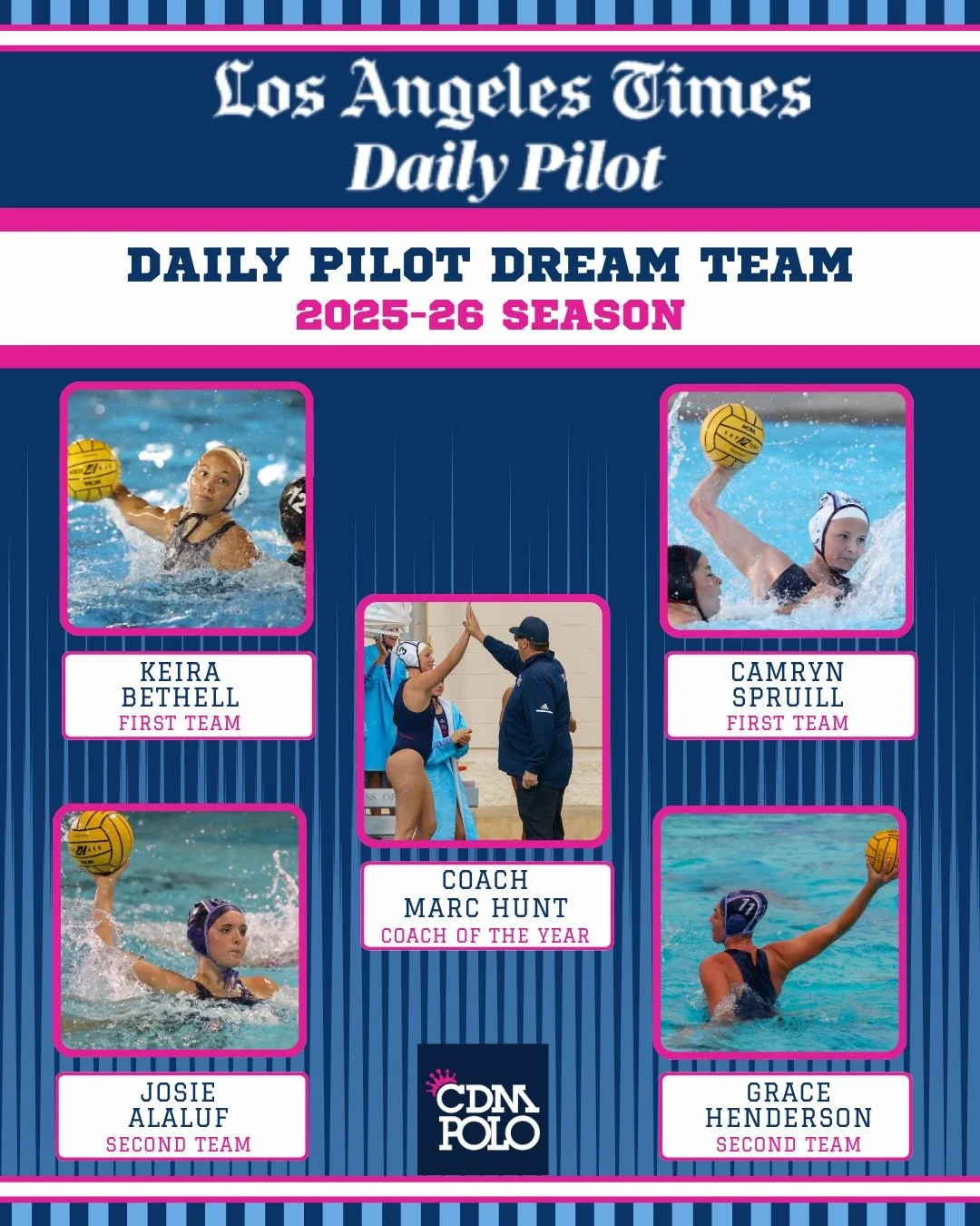 👏👏 More post-season applause for our CDM Girls Water Polo crew! 👏👏

LATimes Daily Pilot published its Dream Team for the 2025-26 season and we're so proud of our squad for this well-deserved recognition! 

🔱 First Team 🔱
-Keira Bethell, '28 (U)