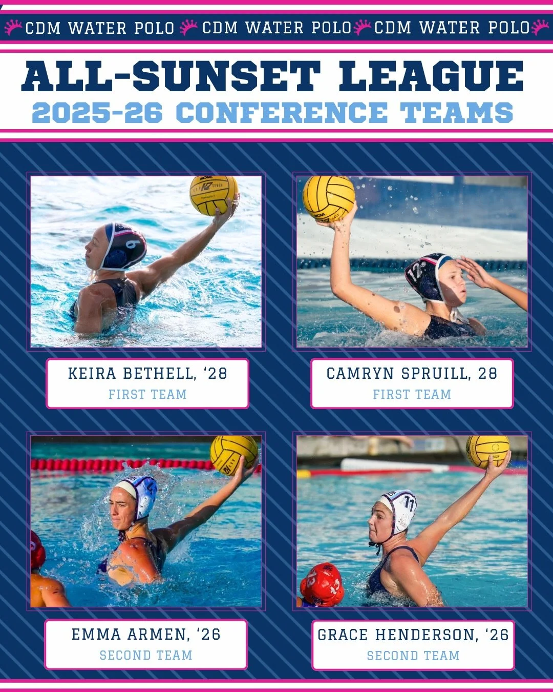CDM bringing in more postseason accolades with Sunset League All-League Team announcements. Congrats to these Sea Queens who shined extra bright in league play all season long!

All-League First Team
💙 Keira Bethell, '28 (U)
🩵 Camryn Spruill, '28 (