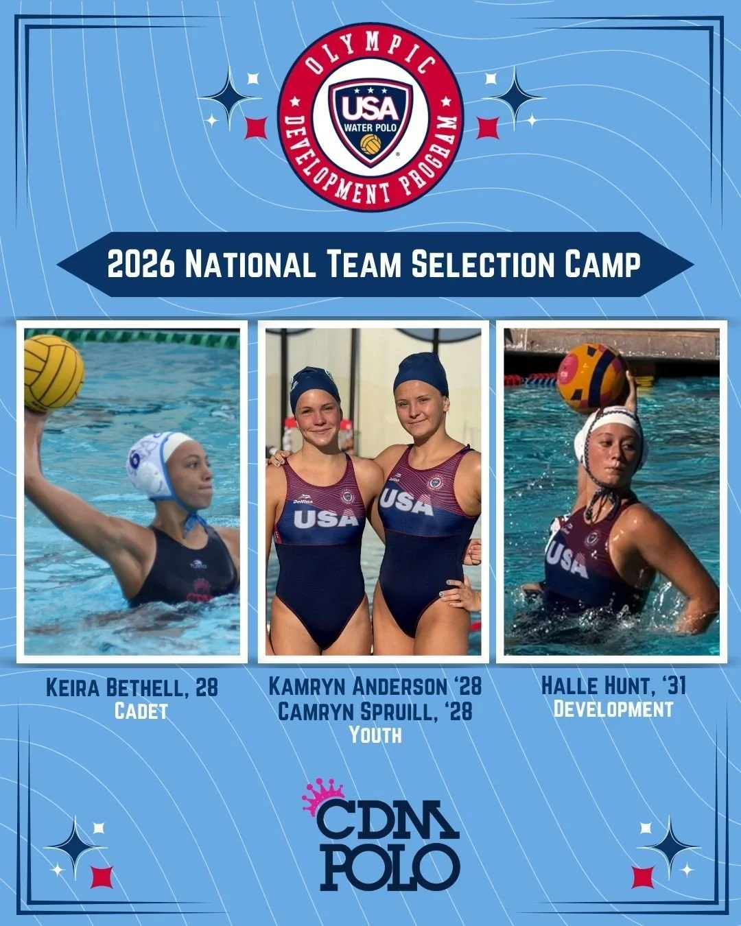 Sending these CDM athletes off to compete at @usawp National Team Selection Camp this weekend with all the Sea Queen love! 

❤️ Youth: Camryn Spruill, '28 &amp; Kamryn Anderson, '28
🤍 Cadet: Keira Bethell, '28
💙 Development: Halle Hunt, '31

Good l