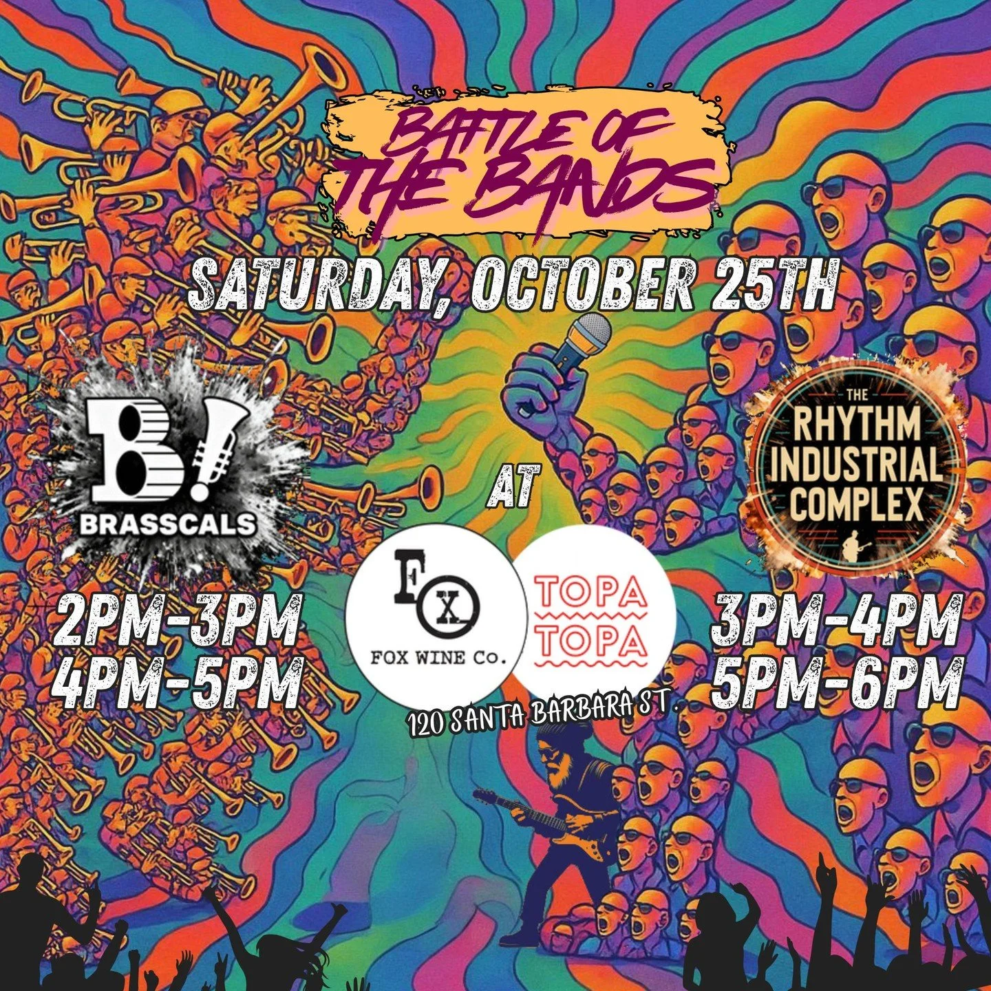 Four hours. Two bands. Nonstop energy. On Saturday, October 25th, The Rhythm Industrial Complex and The Brasscals go head-to-head at Fox Wine Co. &amp; Topa Topa Brewing Co. for an old-school &ldquo;battle of the bands.&rdquo; 

Each group will set u