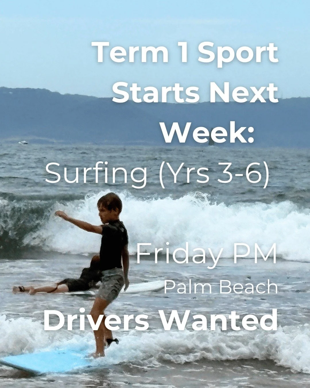 Term 1 Sport for Years 3-6 (Illoura &amp; Amaroo) is Surfing lessons with Manly Surf School at Palm Beach on a Friday afternoon from 12.45pm. 

Please return all completed permission slips by tomorrow (Wed 11 Feb).

To encourage students&rsquo; indep