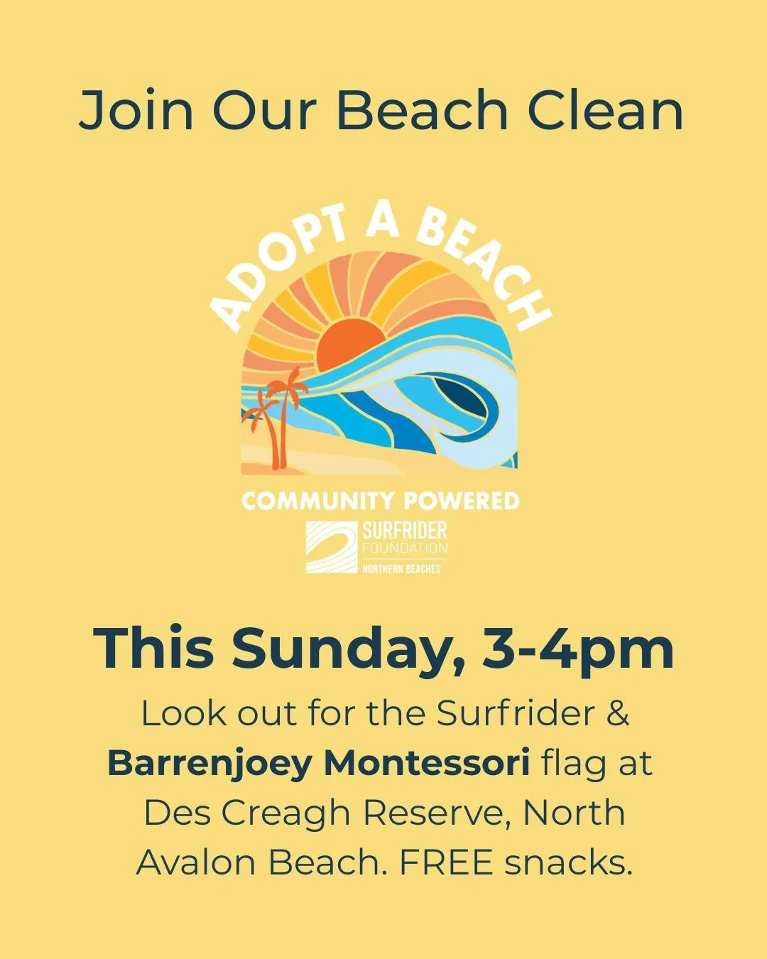 Don't forget to join us this Sunday at 3pm for our monthly beach clean.
A quick power hour removing rubbish from our beach and dunes helps protect our backyard and its marine life.
Let's make Avalon Beach a clean one this long weekend!

 #northernbea