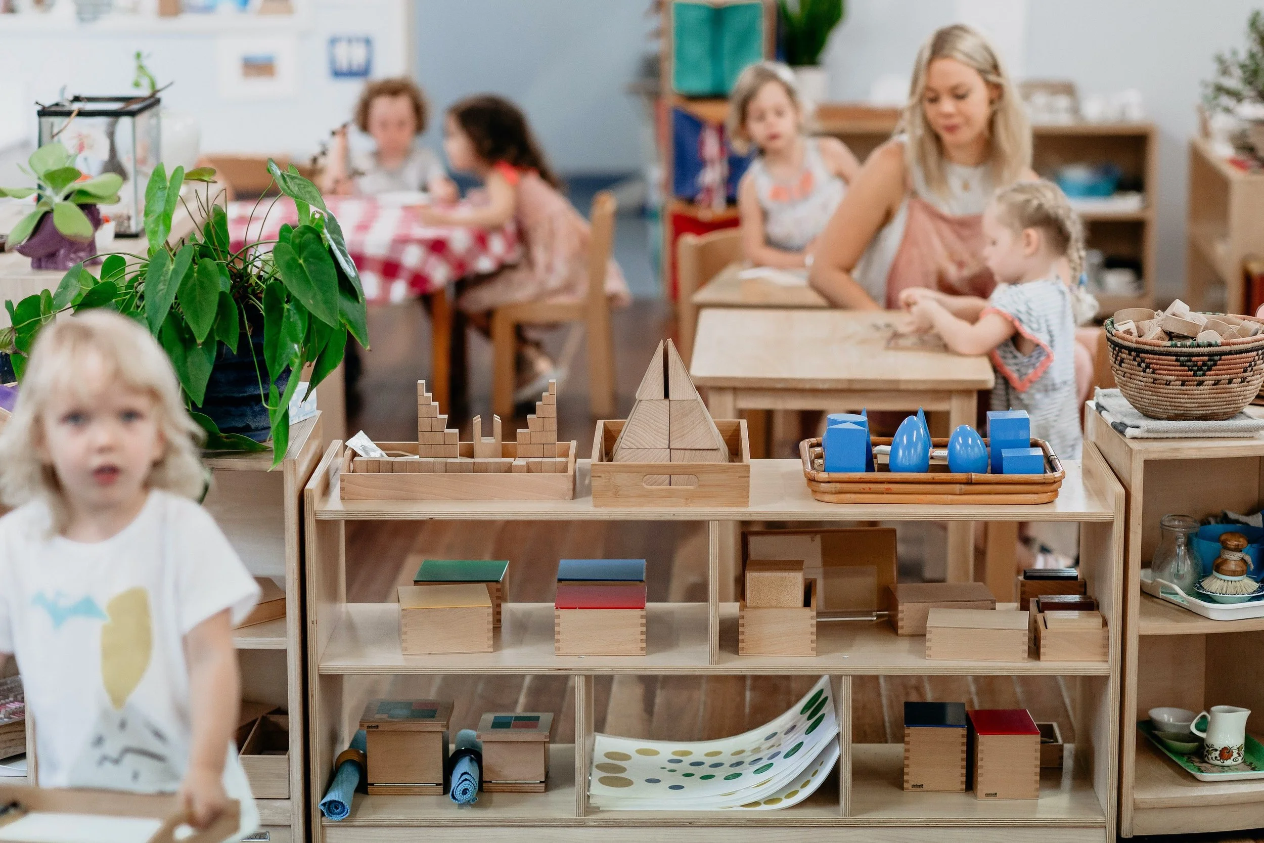 Children and a teacher in a classroom, engaging in activities, with wooden toys and plants in the foreground.