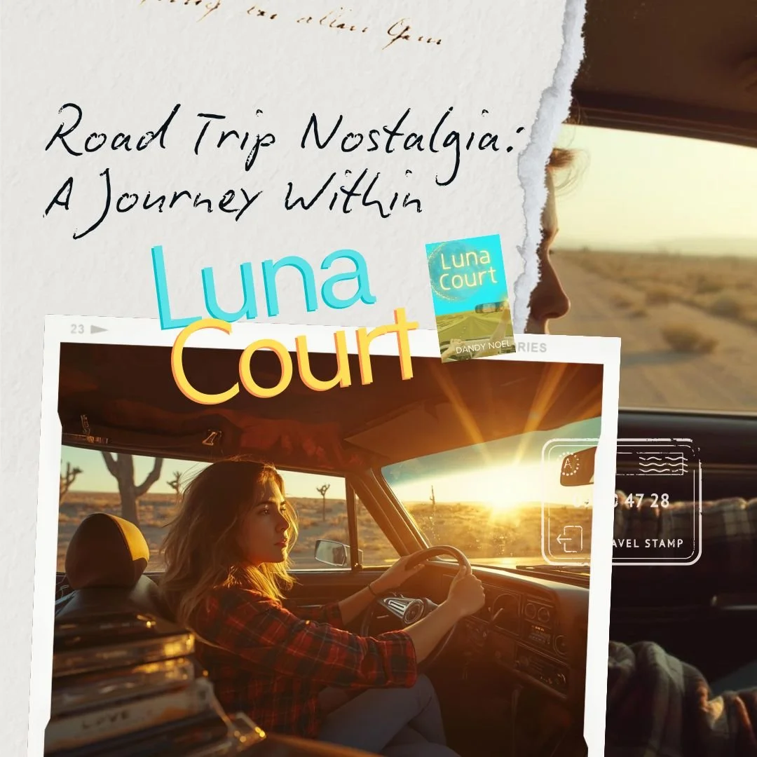 View from inside a car looking through the windshield toward a road lined with trees.