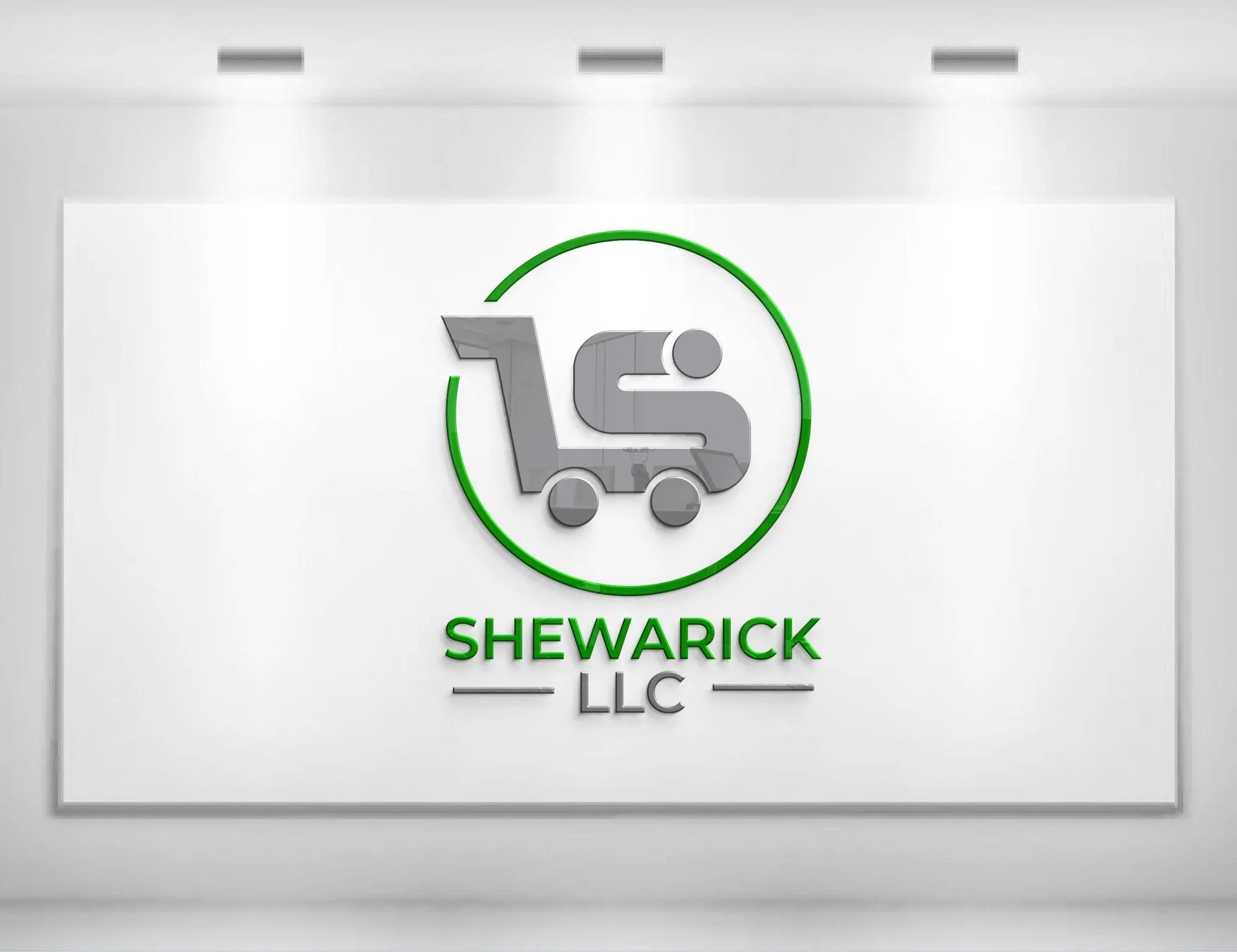 Close-up of a metallic logo with a shopping cart icon encircled in green, accompanied by the text 'SHEWARICK LLC' in green and gray, all displayed on a white background.