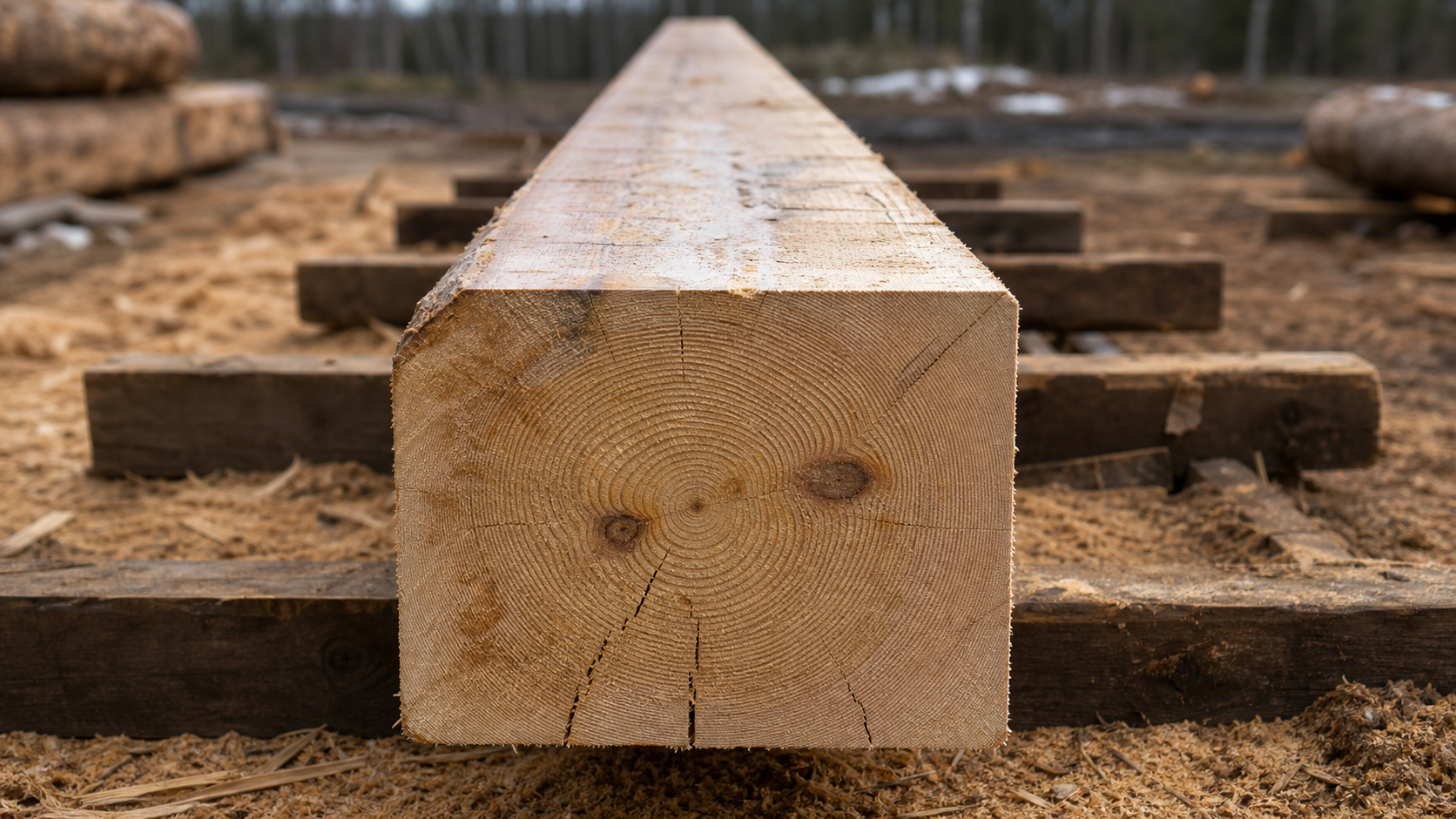 Close-up of a freshly cut wooden railroad tie placed on a set of old, weathered railroad ties, with a blurred background of trees and snow patches.