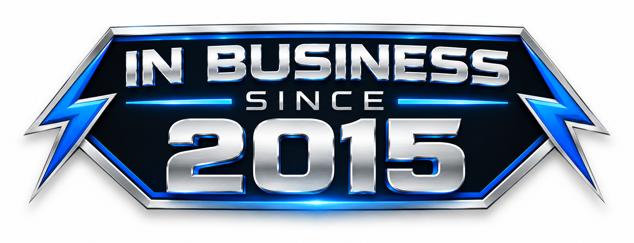 A stylized metallic badge with blue accents reads, 'In Business Since 2015'.