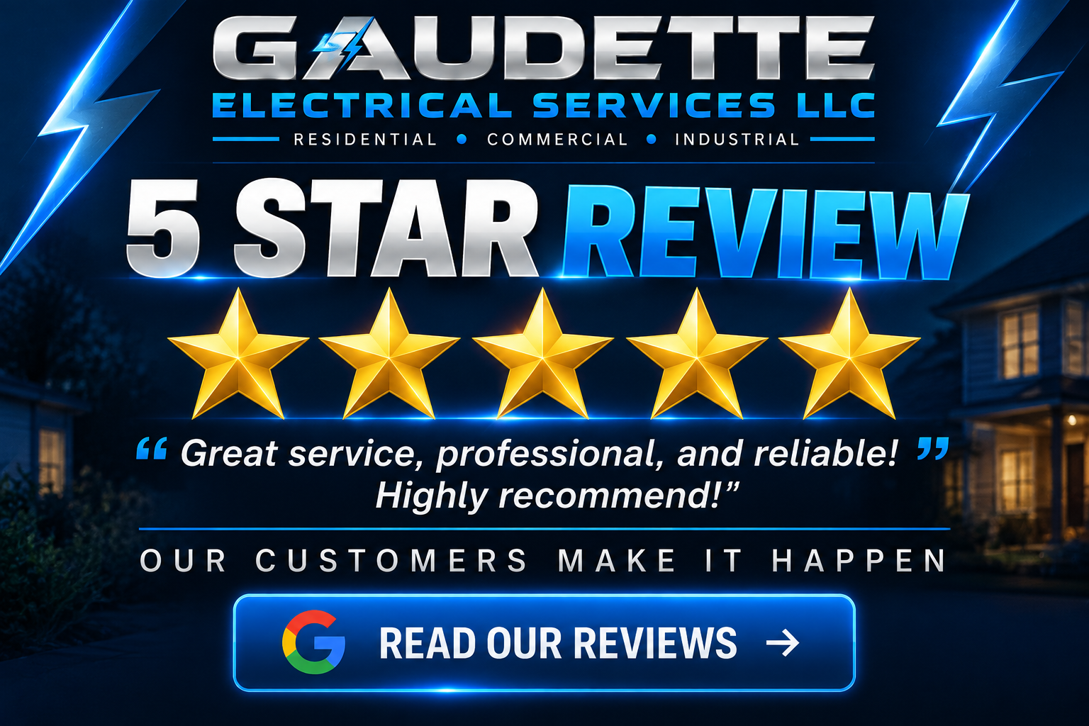 Review for Gaudette Electrical Services LLC with a five-star rating, quote praising service as professional and reliable, and a call to read reviews on Google.