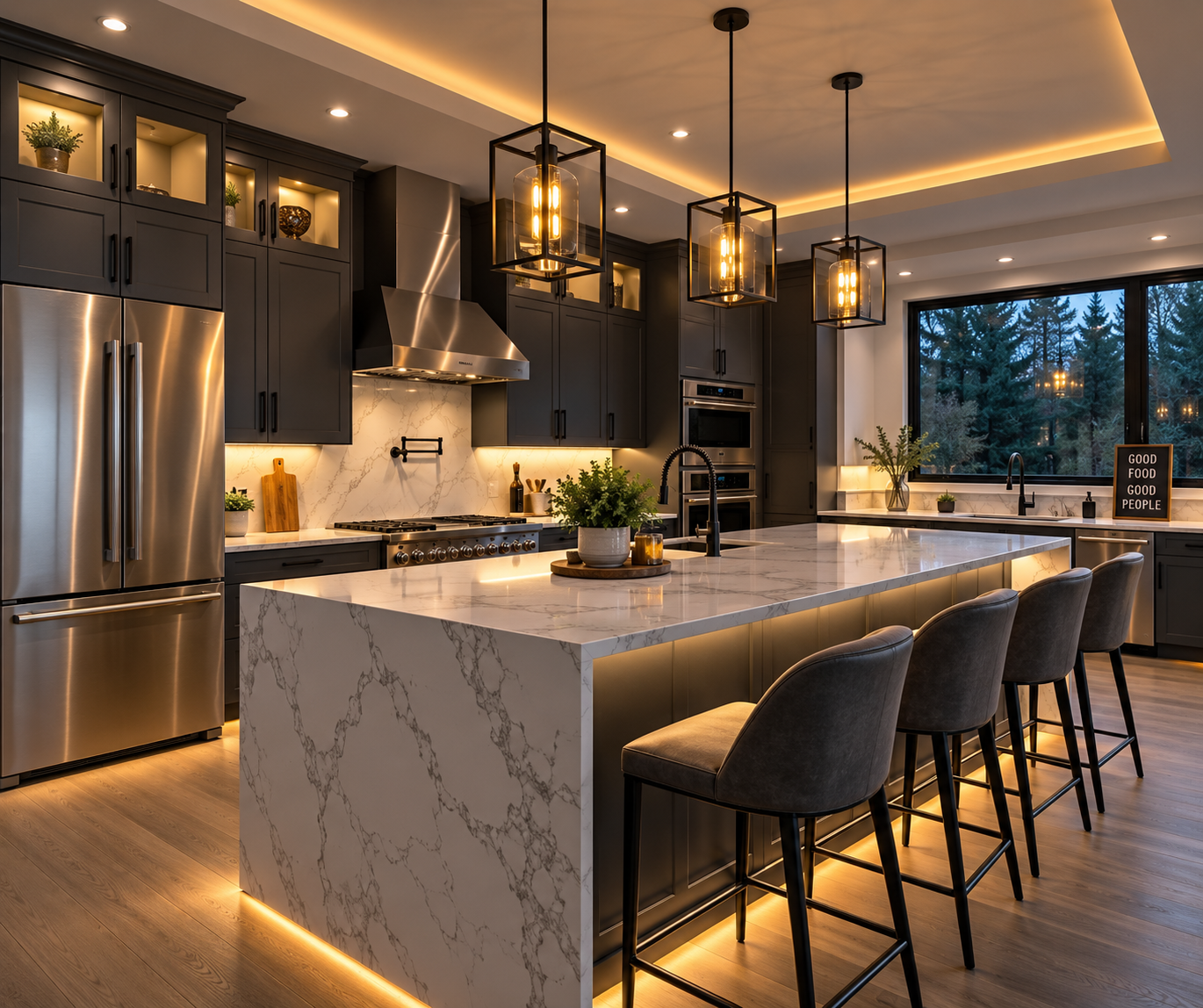 Modern kitchen with dark cabinets, marble island, stainless steel appliances, black pendant lights, and large window overlooking trees.