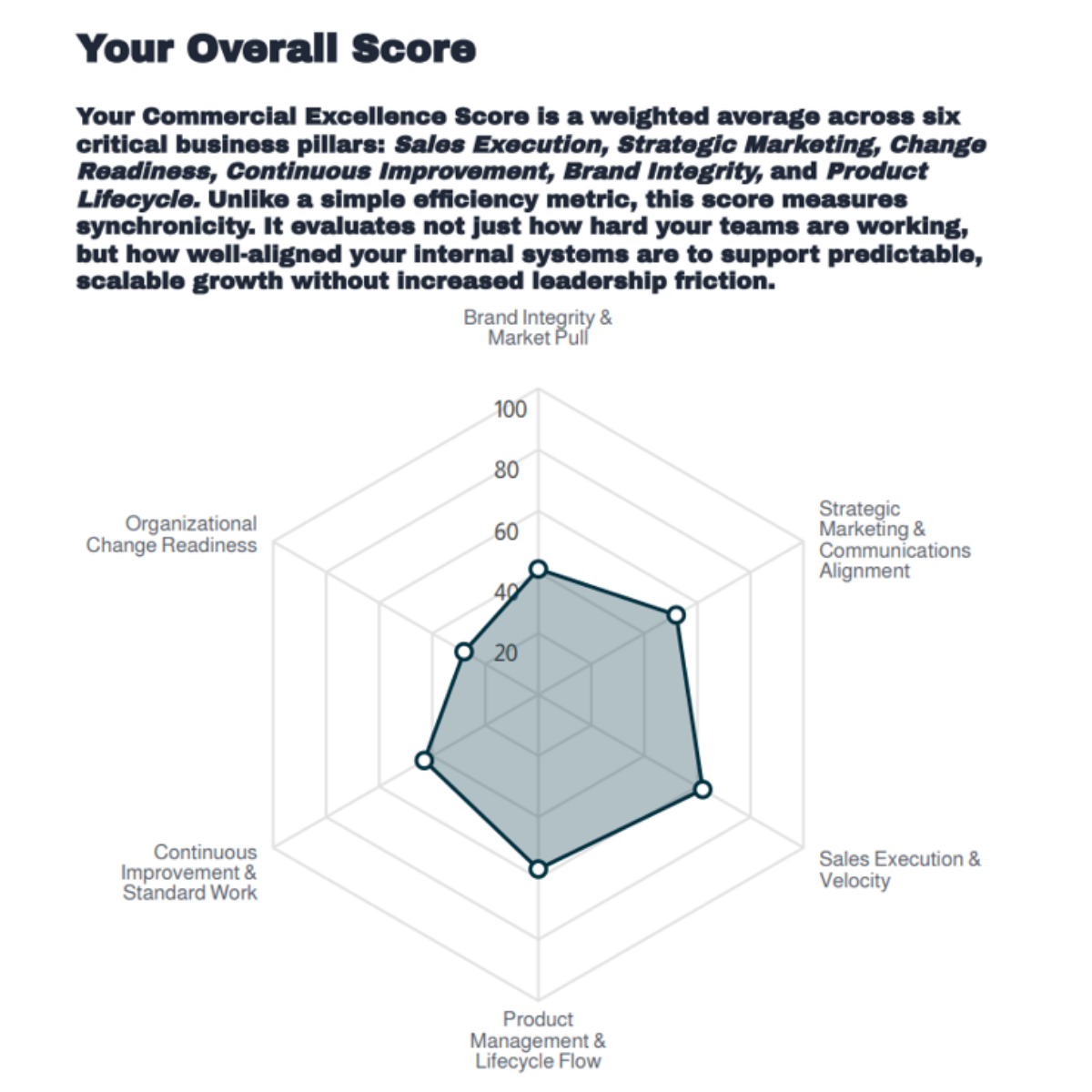 GrowthGenius Commercial Excellence Maturity Assessment report showing overall score and six critical business pillars for lean operations