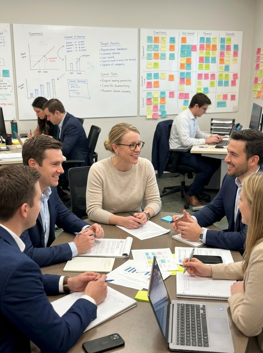 GrowthGenius strategy team collaborating in a workshop to architect a commercial excellence path for mid-market industrial clients