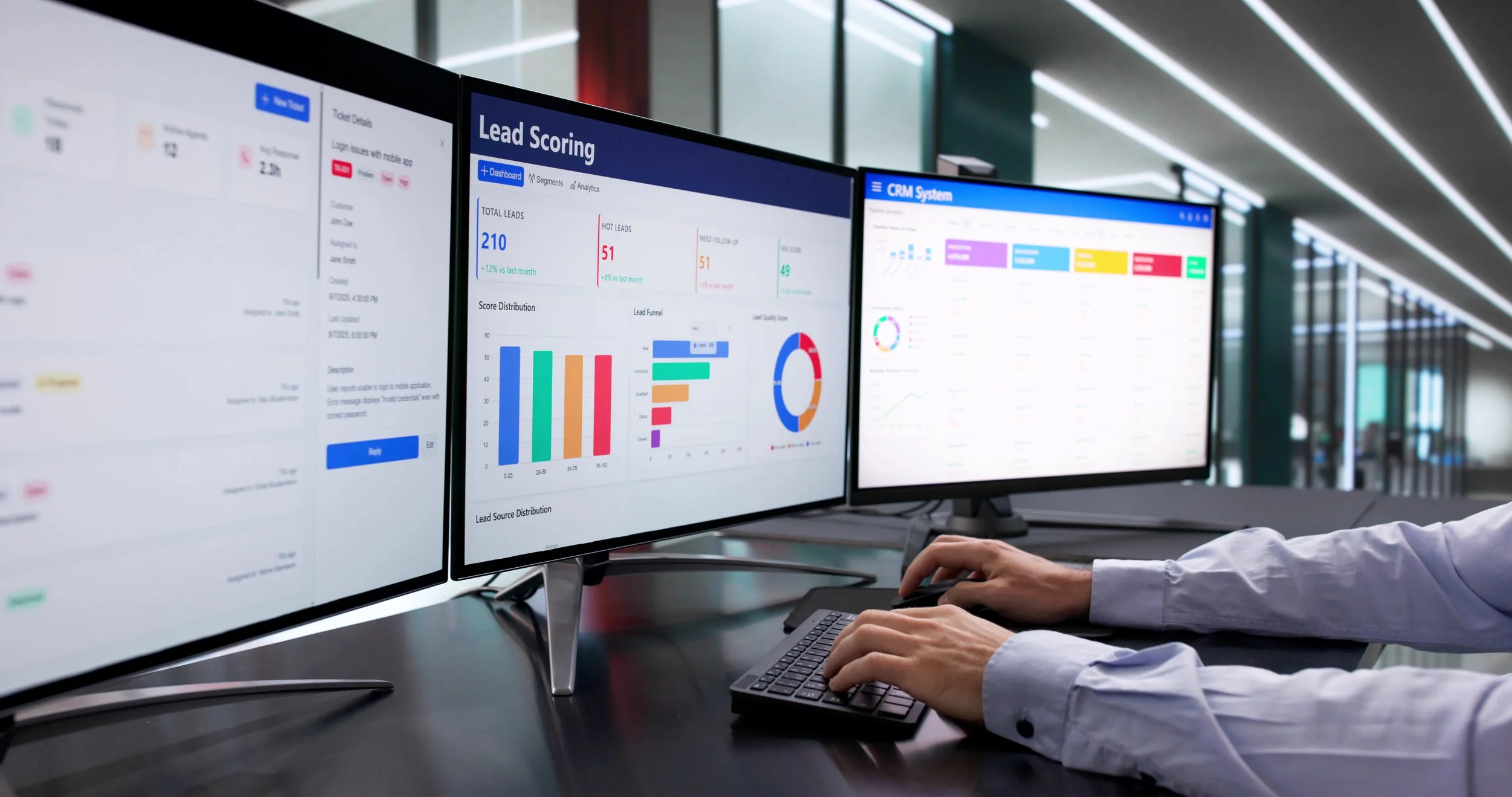 RevenueRamp service banner showing a modern workstation with multiple monitors displaying lead scoring, CRM dashboards, and sales data analytics to eliminate commercial friction