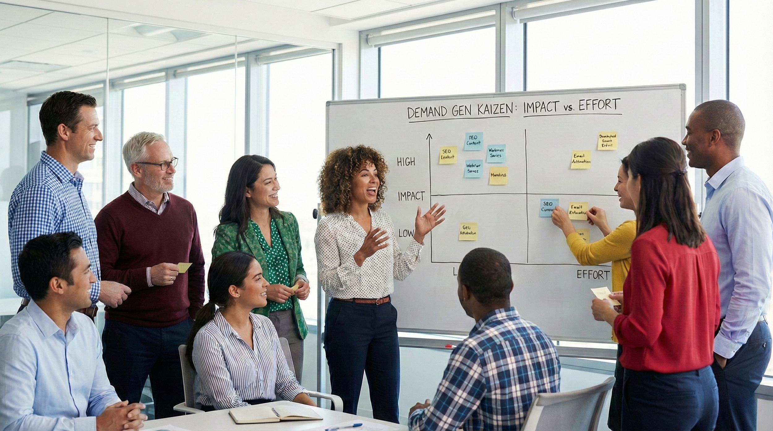 A diverse team of professionals collaborating around a whiteboard with an 'Impact vs. Effort' matrix, representing the GrowthGenius model for aligning siloed departments into a unified revenue engine