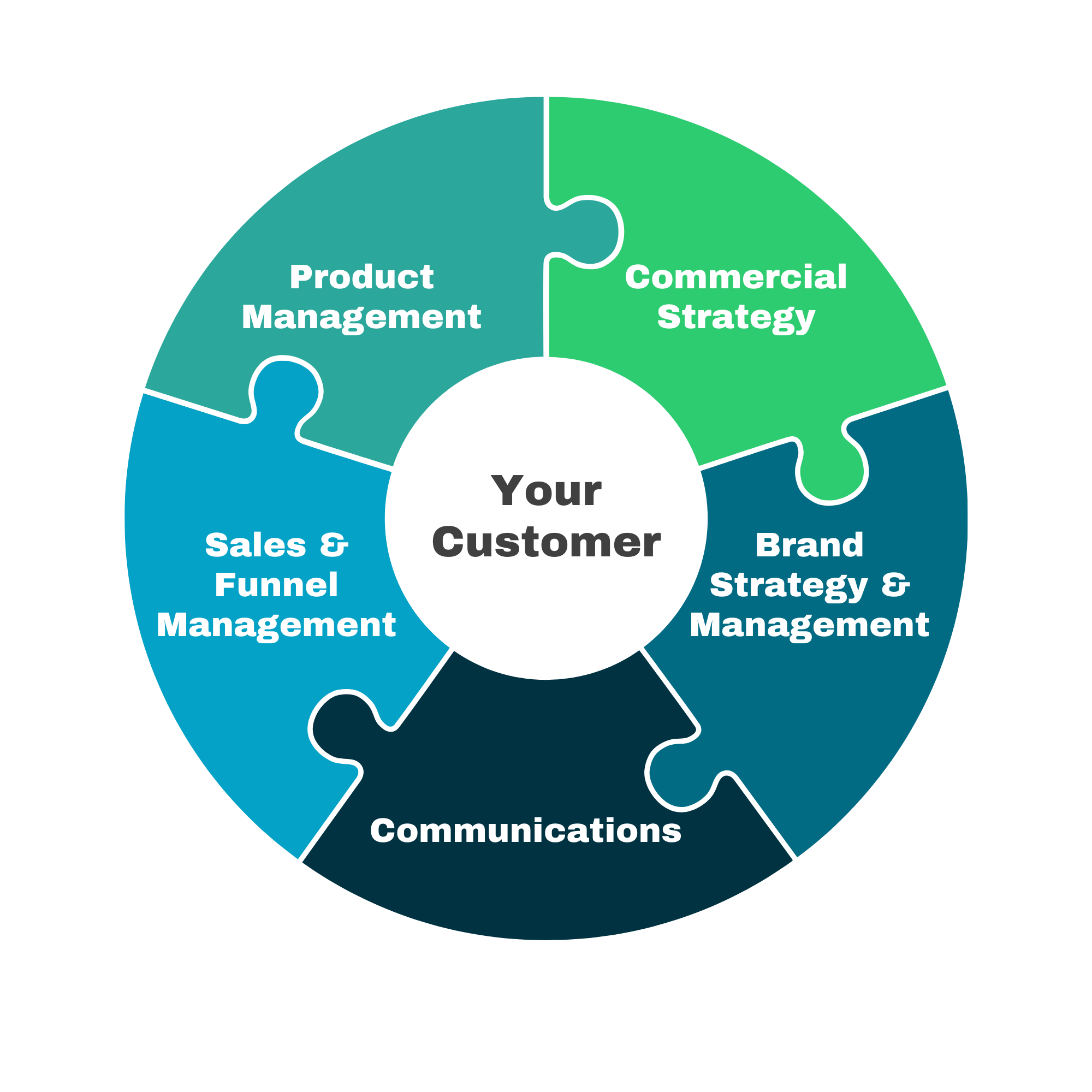GrowthGenius Commercial Growth Model showing the integration of product management, commercial strategy, brand, communications, and sales around the customer