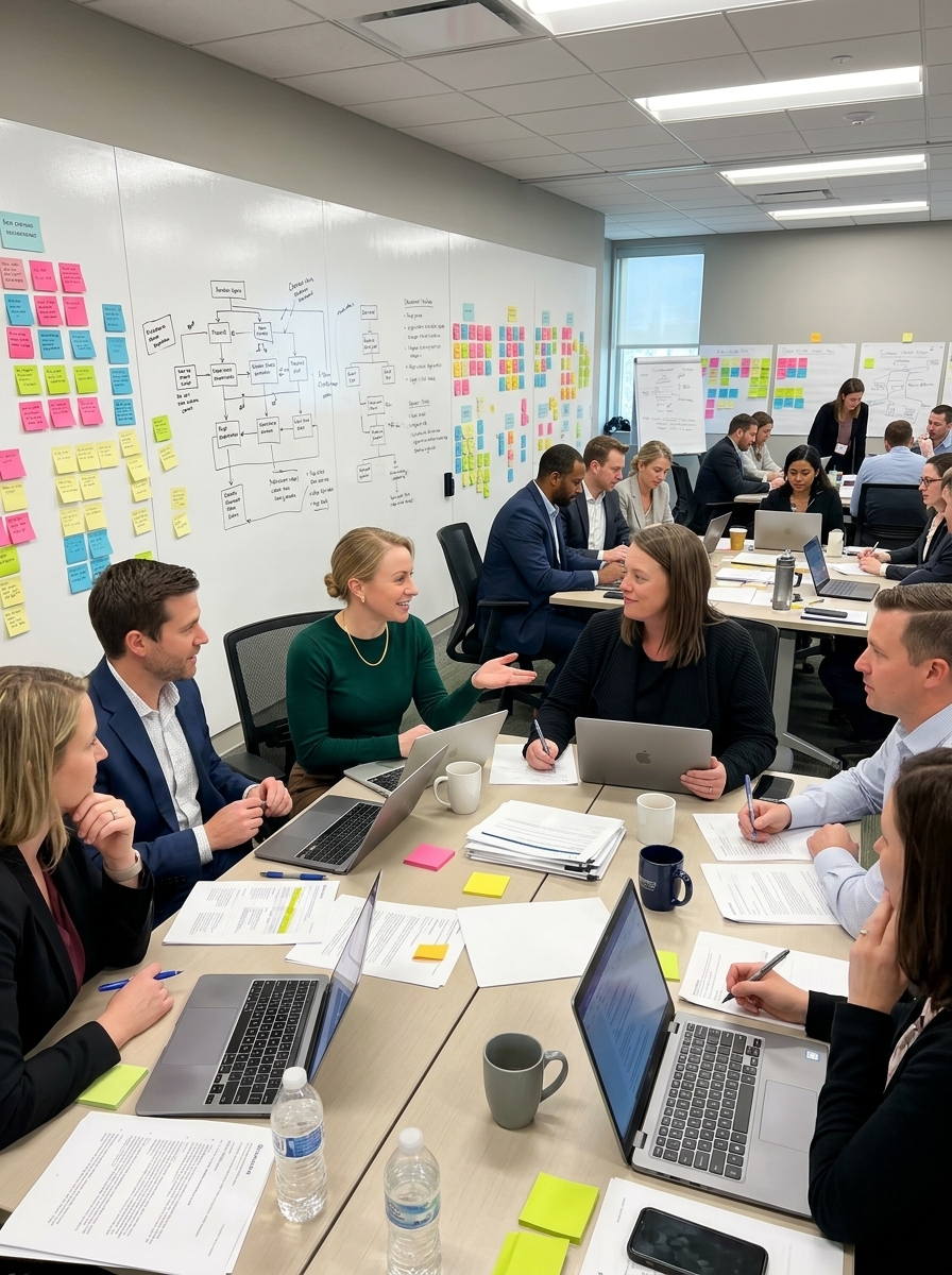 GrowthGenius team lead architecting a commercial excellence path during a strategy workshop for a mid-market industrial client
