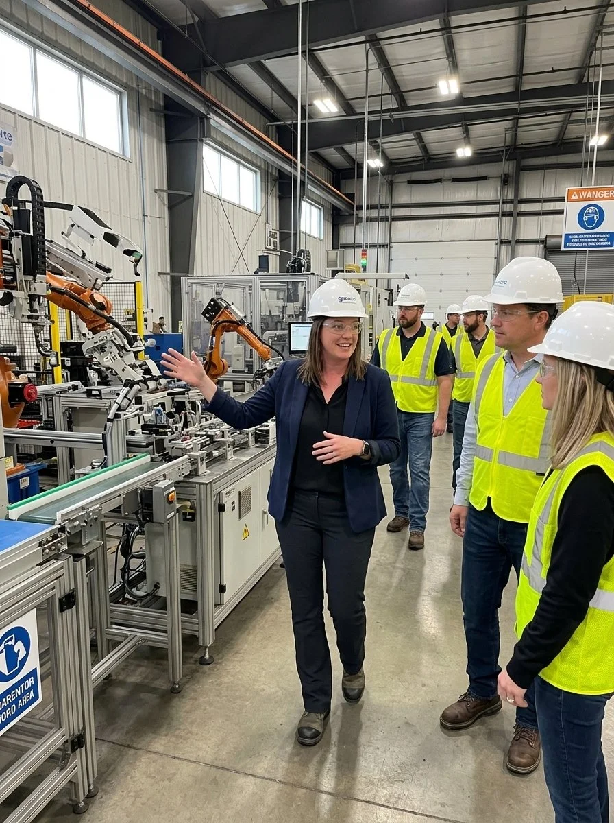GrowthGenius Co-Founder Liz Fiebig demonstrating lean commercial engine strategies on a manufacturing floor to drive revenue growth