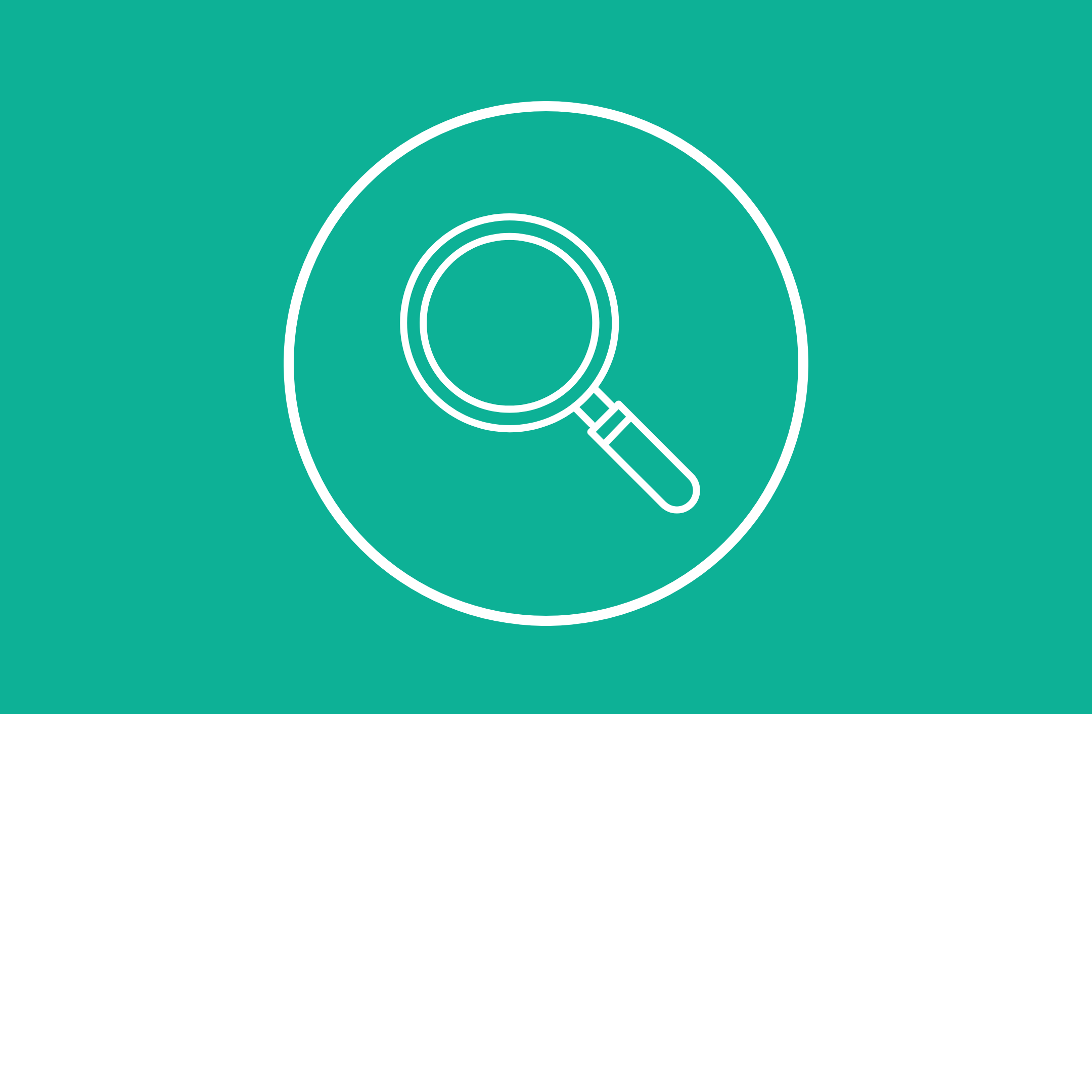 Magnifying glass icon in a circle on a teal background.
