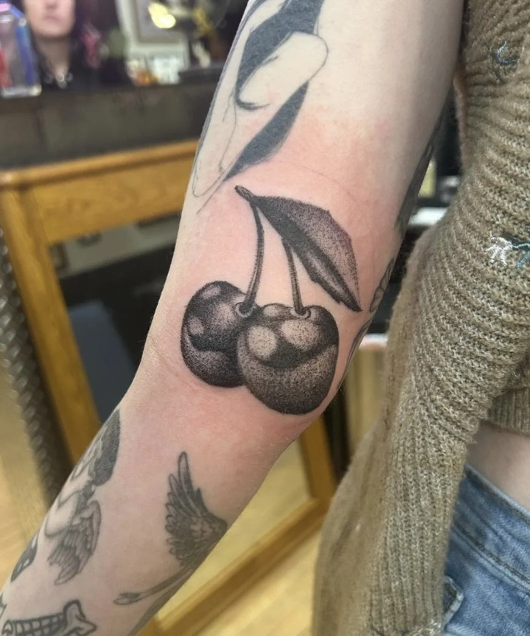 cherries tattoo black and grey.jpeg