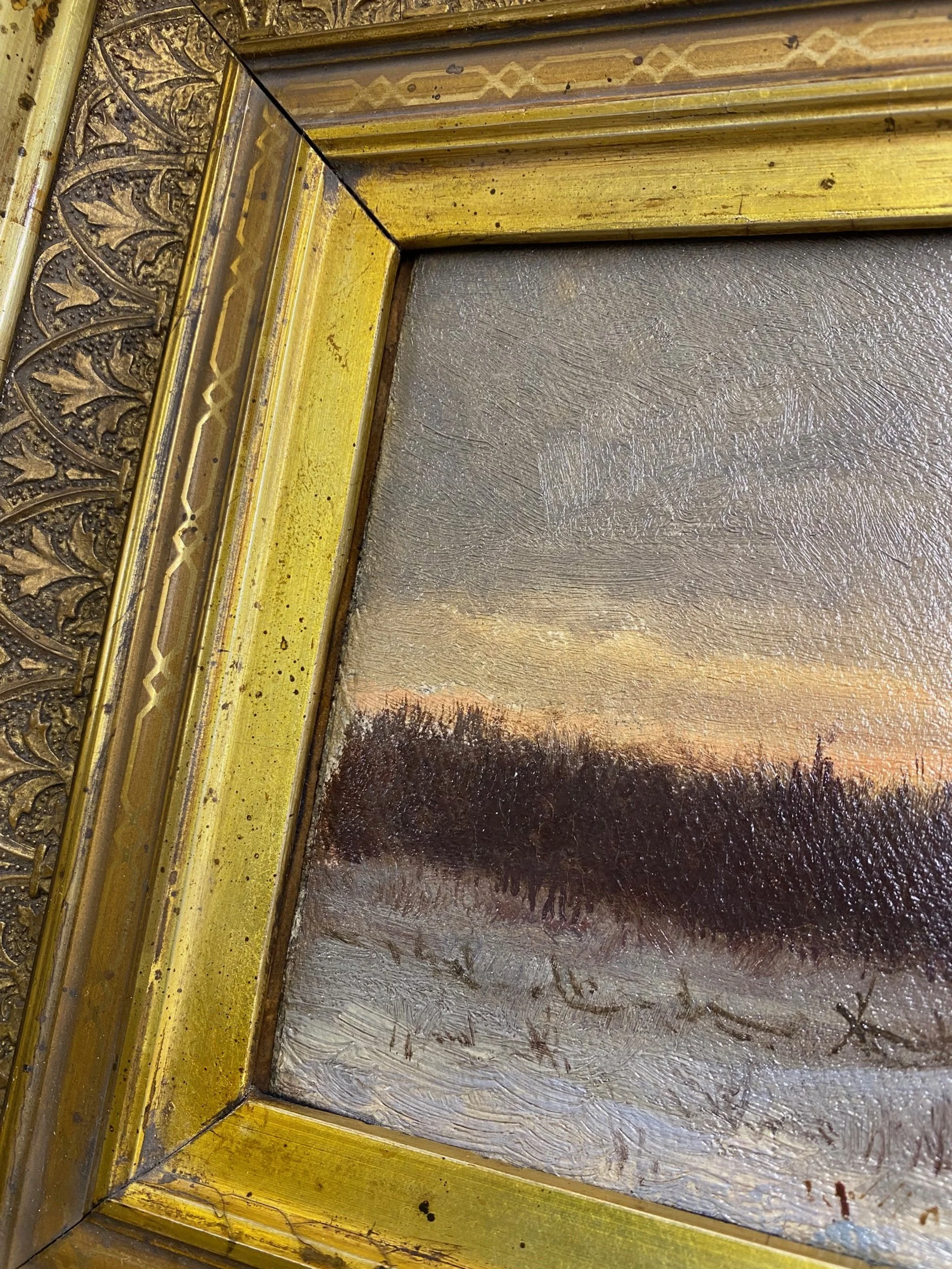 Detail before unframing. Left edge of painting demonstrates that it was not held securely in the frame.