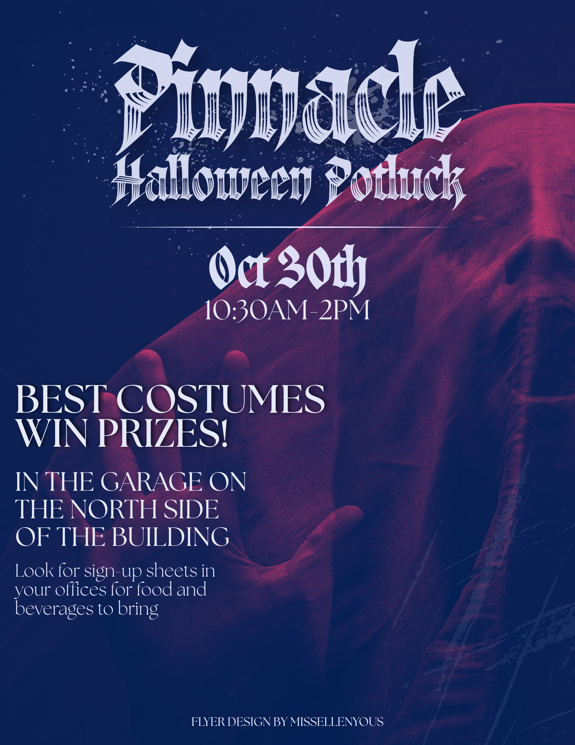 Halloween flyer for Pinnacle Eye Center's annual Halloween Potluck in Colorado Springs. This is done by Ashley Selleny of Missellenyous who works for Dr. Ron Pelton and Dr. Caroline Yu
