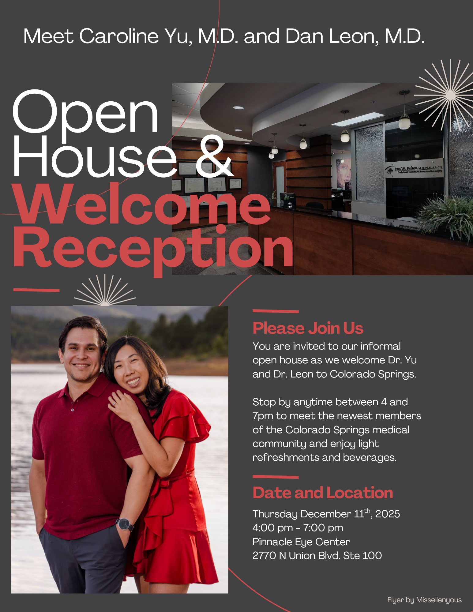 Pictured is the flyer Ashley Selleny made for the open house for the doctors in the town of Colorado Springs to meet and welcome Dr. Caroline Yu to the practice of Dr. Ron Pelton. In the picture is Dr. Caroline Yu and her husband Dr. Dan Leon