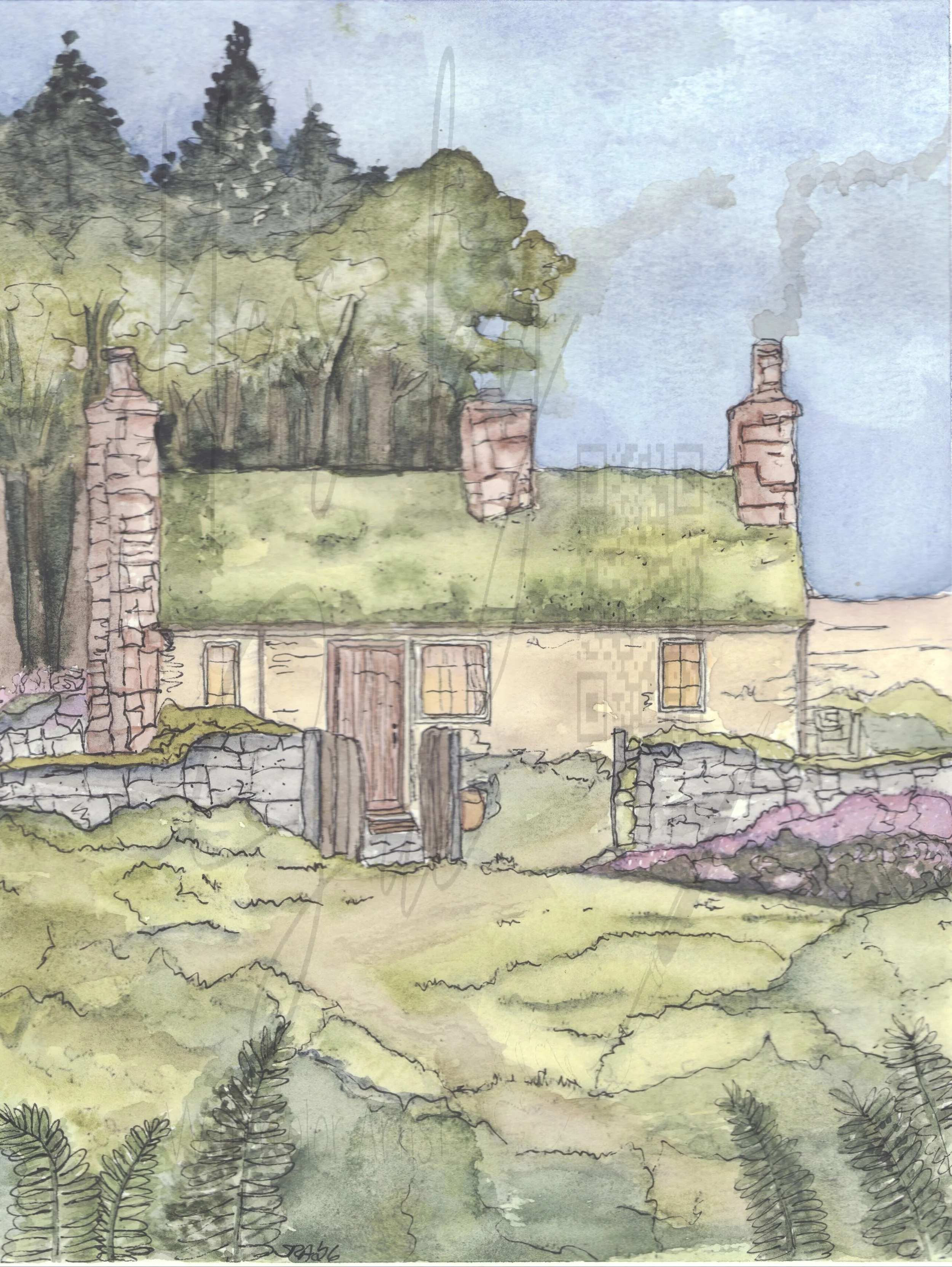 Serene Old-World Cottage Watercolor Painting