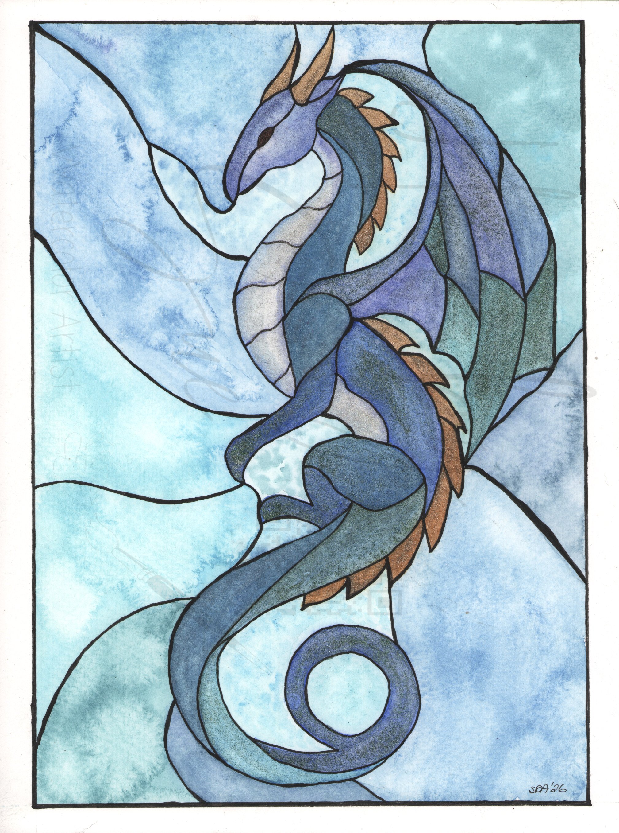 Mystical "Stained Glass" Dragon Watercolor Art
