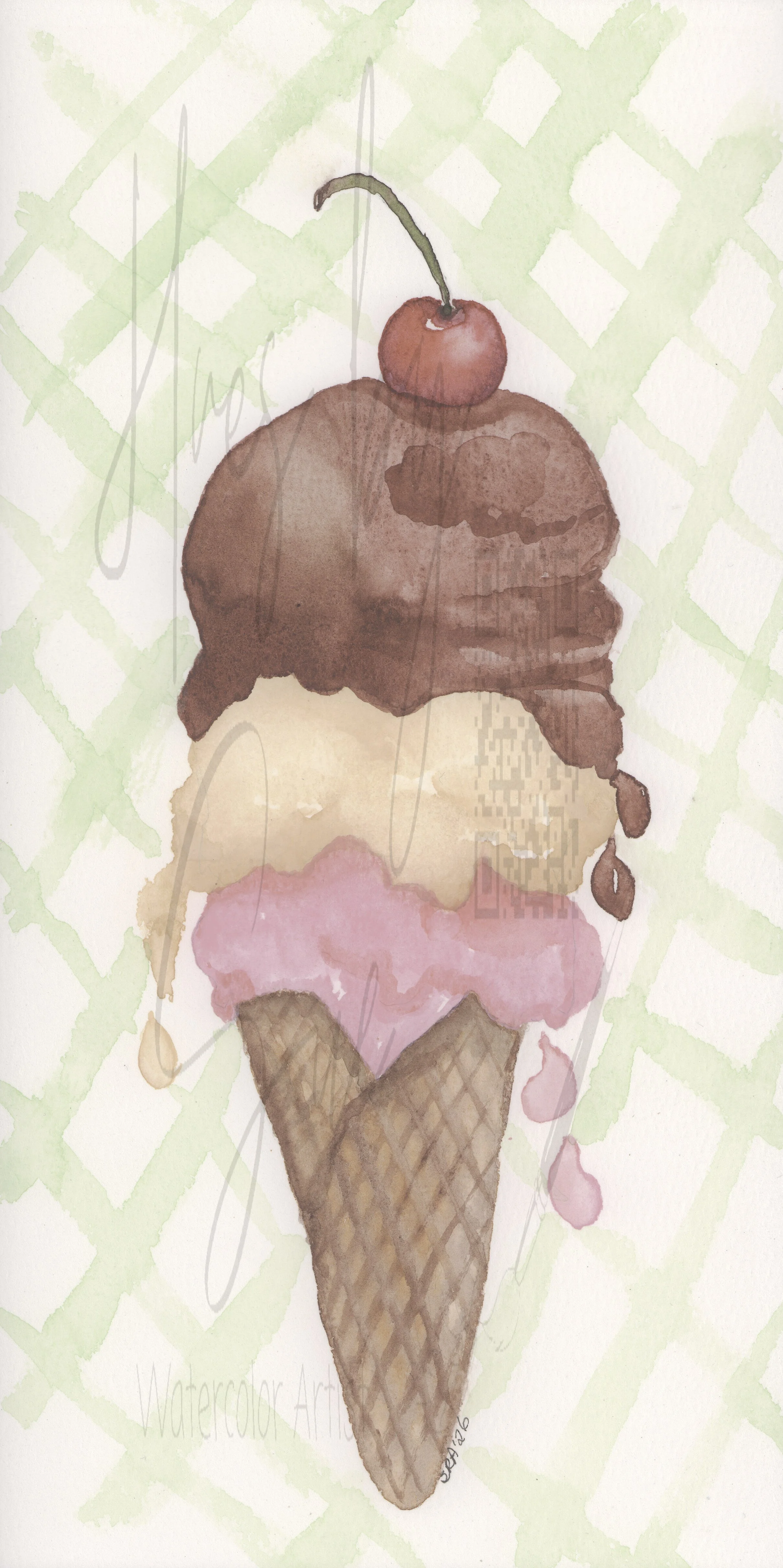 Triple Scoop Delight Watercolor Art