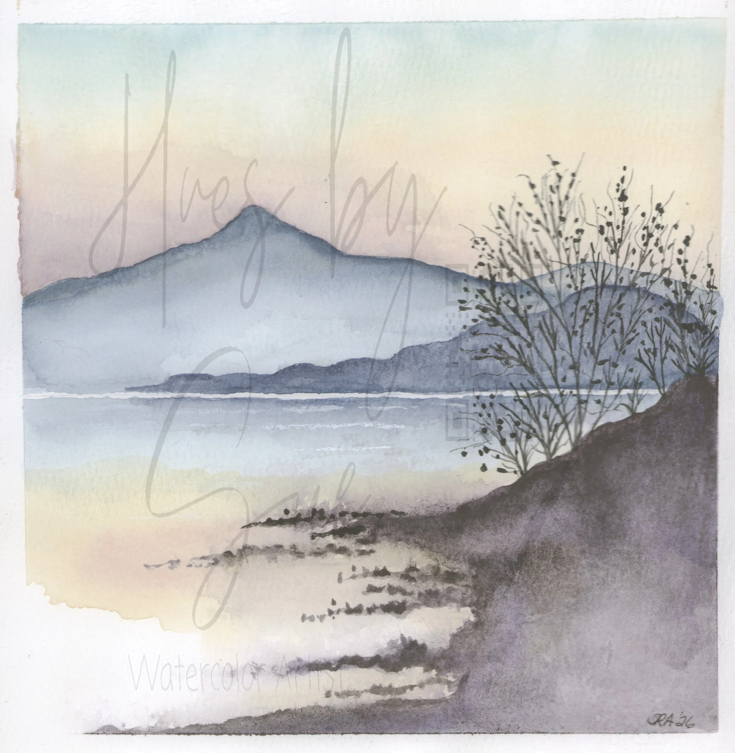 Tranquil Lakeside Watercolor Art