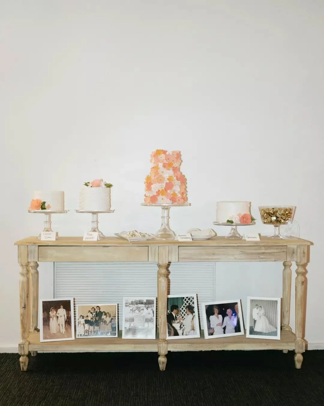 Not just for entryways 🤍

Our Meyer Console Table found its most unexpected home yet &mdash; as the cake table for Kristina + Jeff's El Chorro reception. Four cakes by @ruzecakehouse , vintage family photos tucked along the lower shelf, and that war