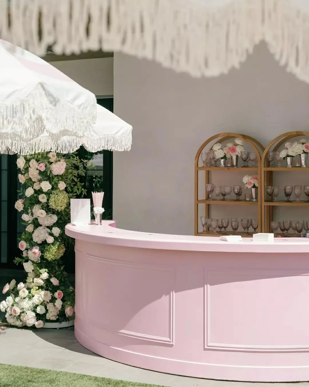 Azalea 🌸

That's the custom color behind this Luna Bar for a bridal shower at the Global Ambassador - and it might be our new favorite. Paired with the Ozzy Bar Back Shelves, Taylor Console Table, and Jones Highboy, the whole setup felt like it was 