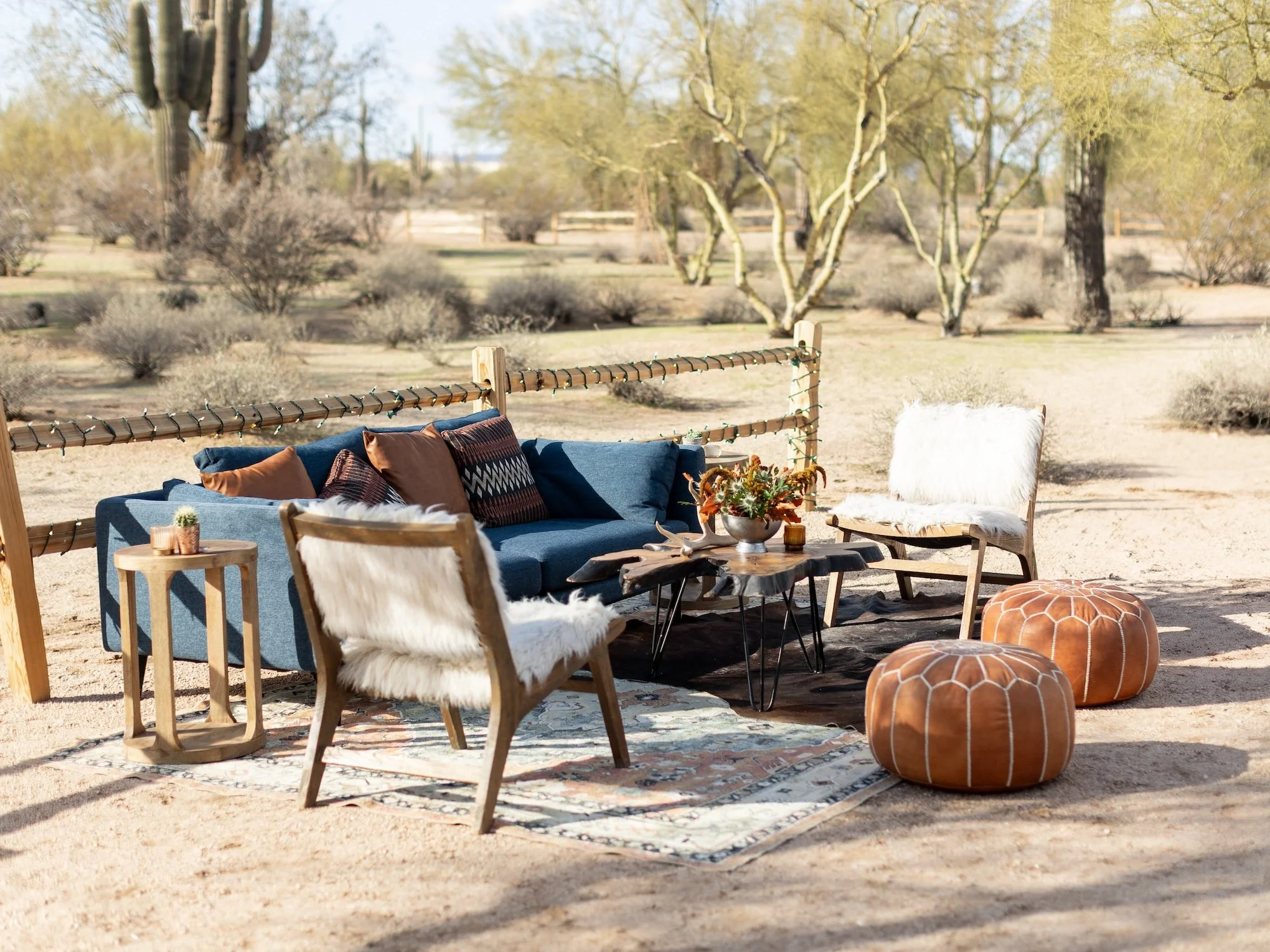 Chic desert lounge design set up by Prim Event Rentals.