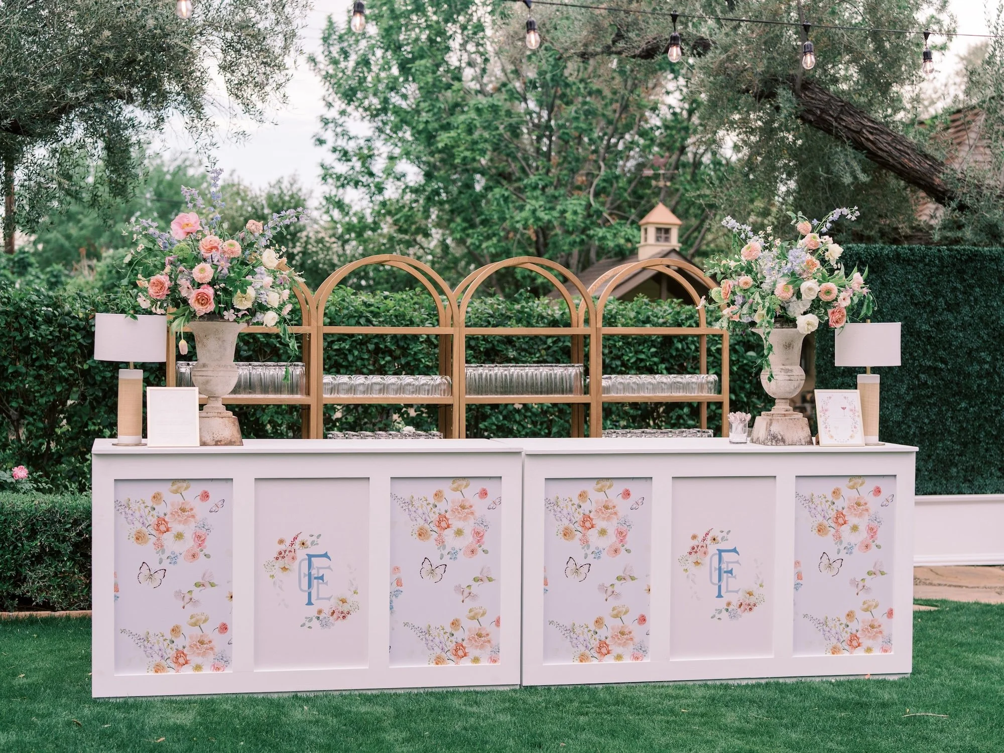 Elegant outdoor wedding bar set up — Prim Event Rentals, Phoenix AZ