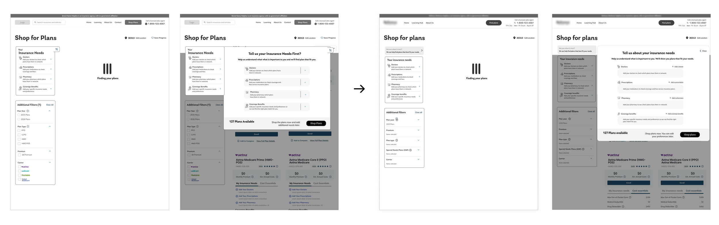 Images of needs intake experience with feedback from user testing applied