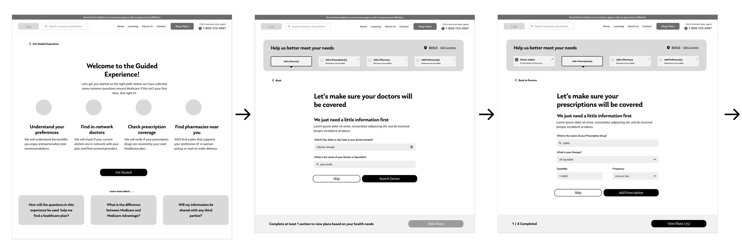 Image of wireframes for the entry page, doctors page, and prescriptions page