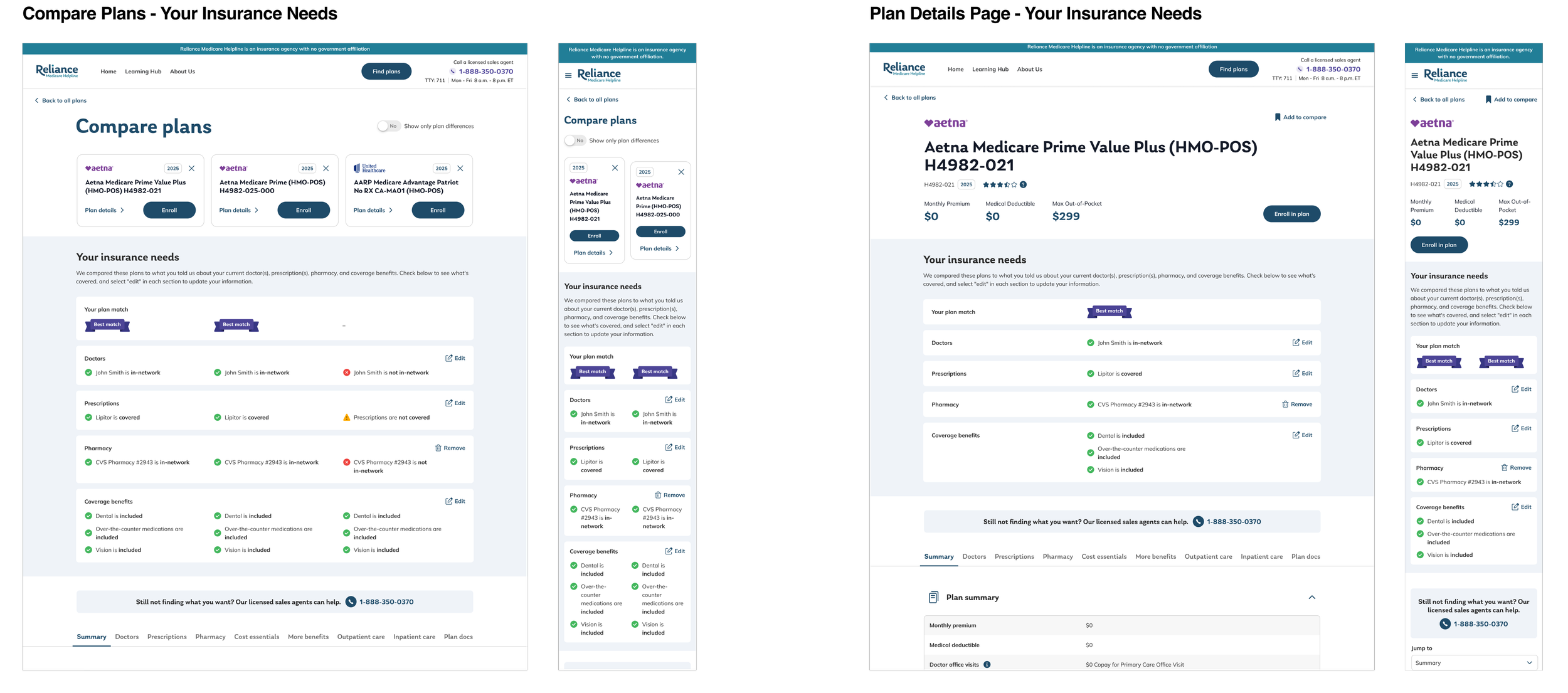 Image of the final designs for the Compare Plans page and Plan Details page