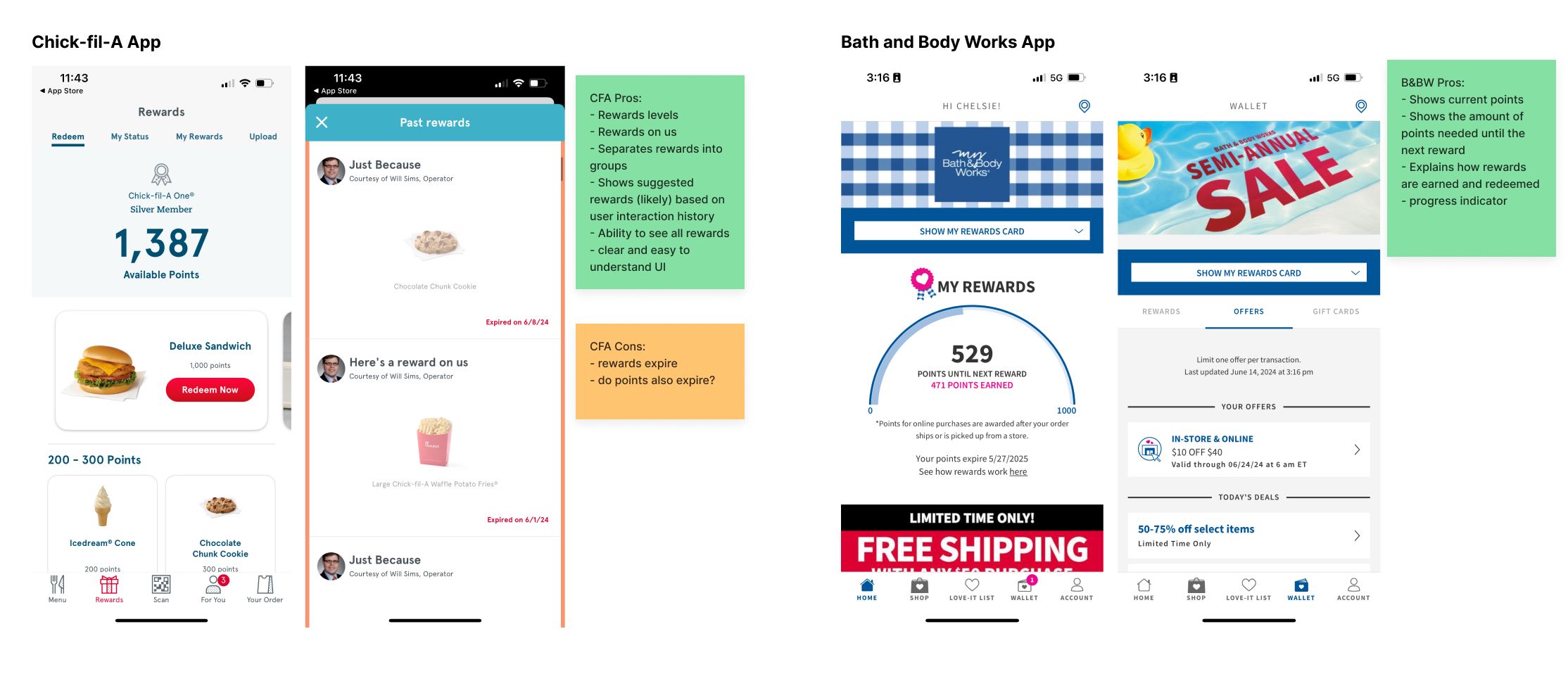 Image of comparative analyses results from Chick fil A app and Bath and Body Works App