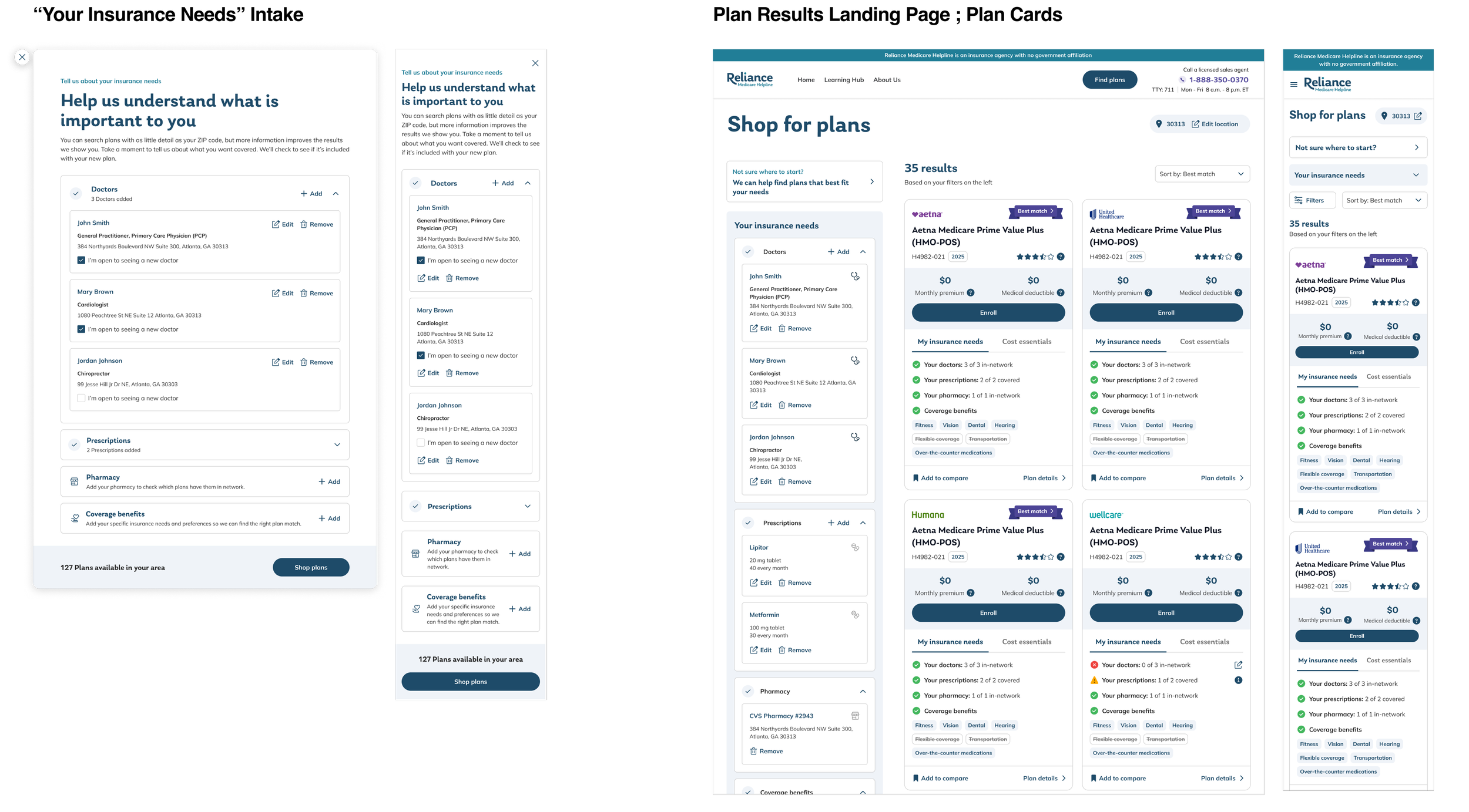 Image of the final designs for the insurance needs intake flow and plan results page